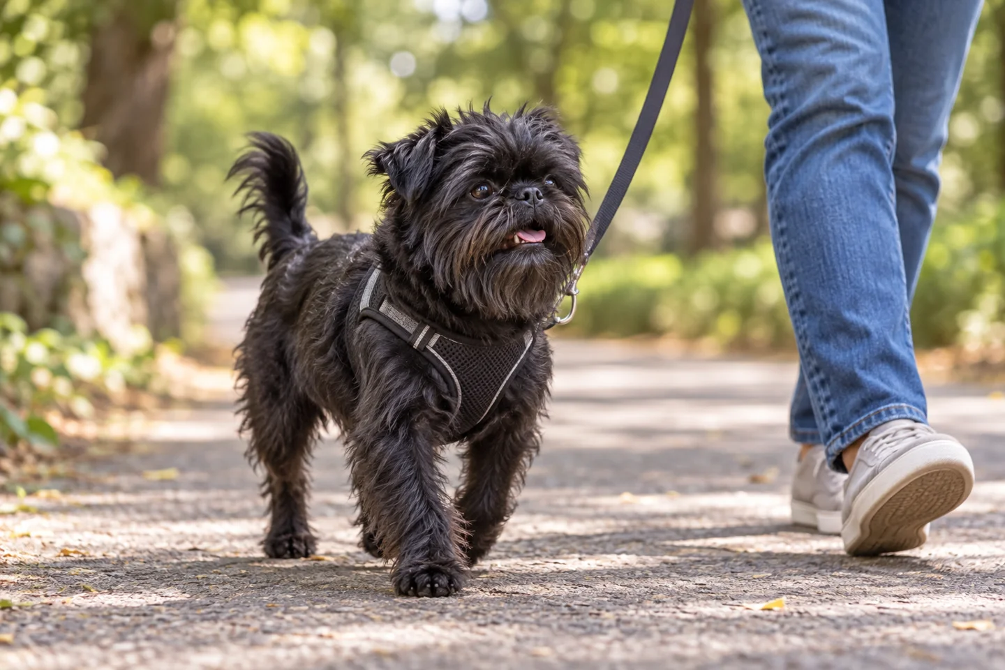 Small black Affenpinscher walking in a harness beside a person on a shaded park path