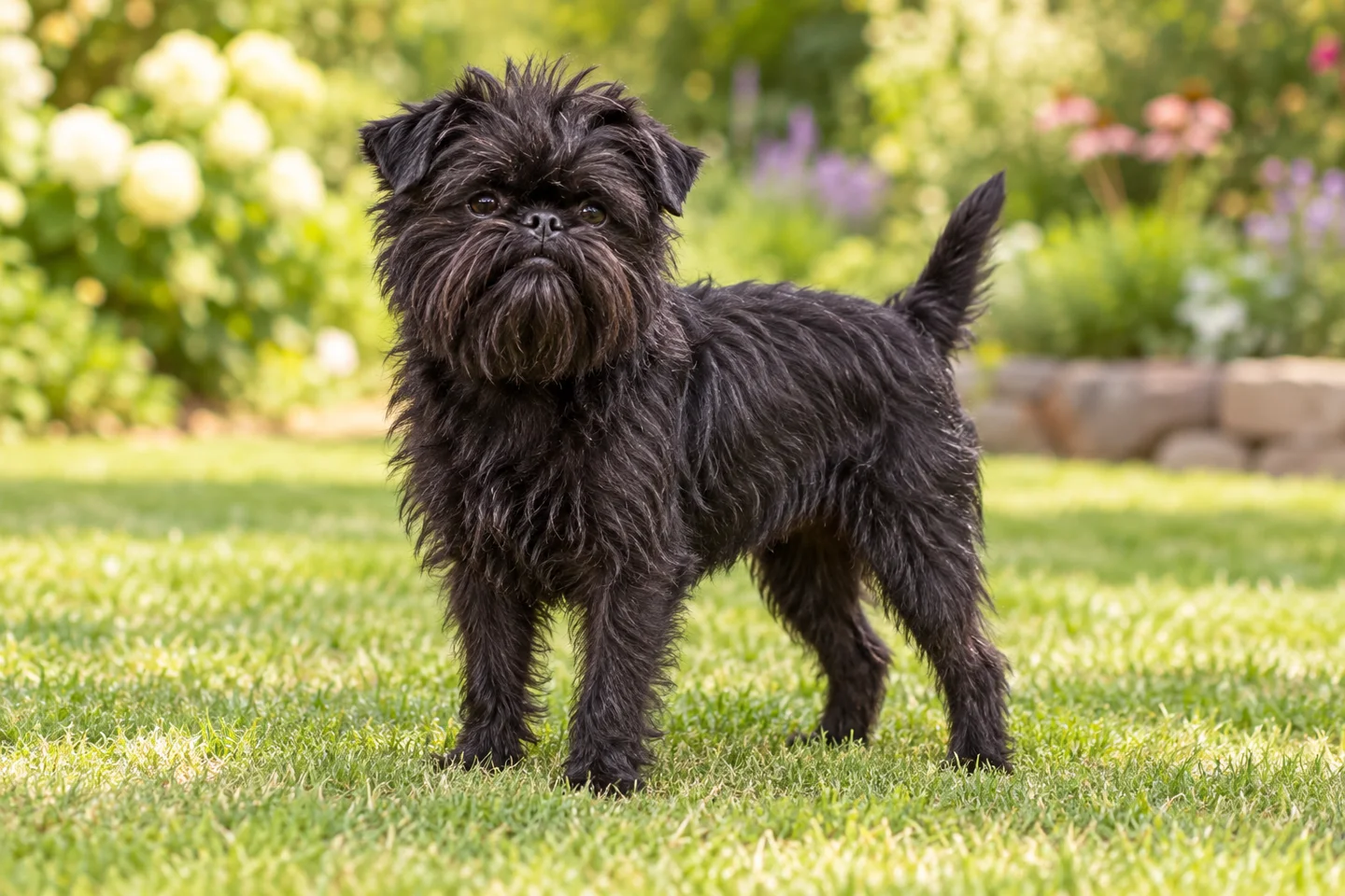 Adult black Affenpinscher with a wiry coat, beard, and eyebrows standing on grass