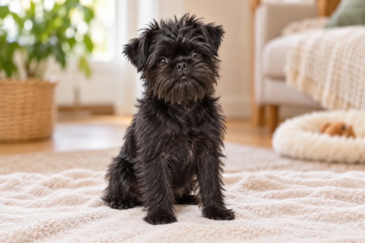 Young black Affenpinscher with a shaggy coat and small beard sitting on a pale blanket indoors
