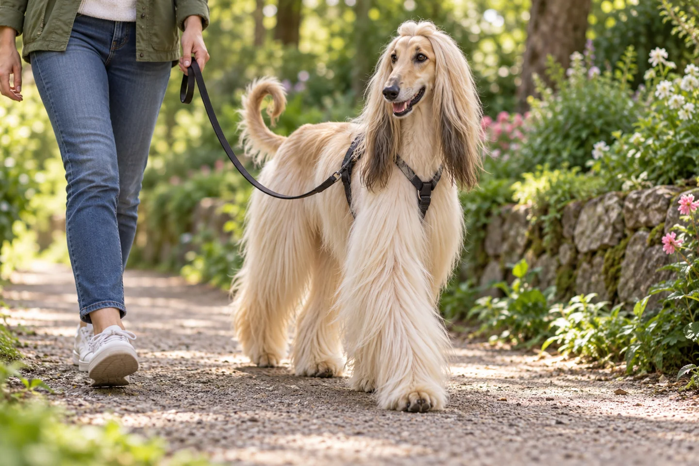 Adult cream Afghan Hound with a long silky coat walking in a harness beside a person