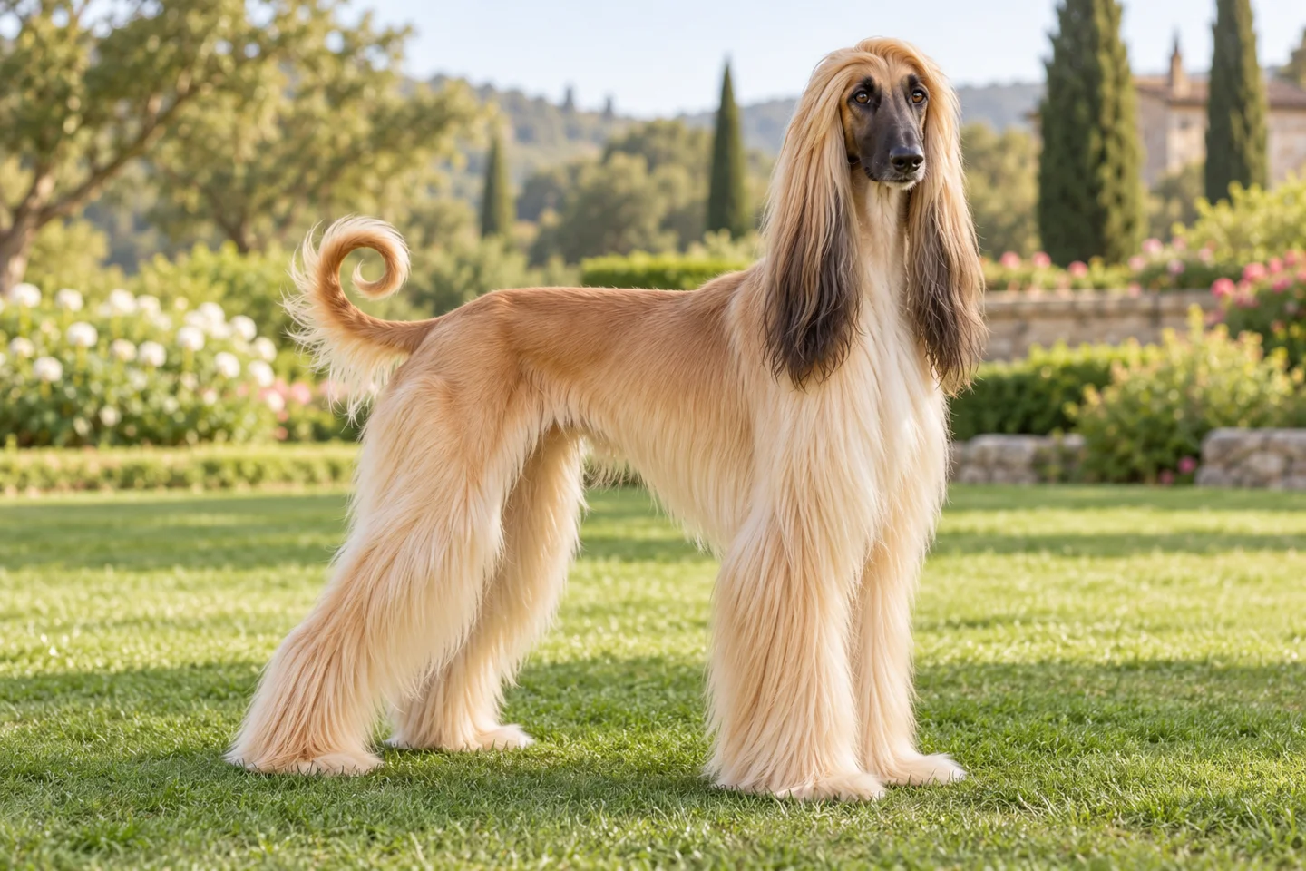 Adult golden Afghan Hound with a black mask, long silky coat, and ring-shaped tail on a lawn