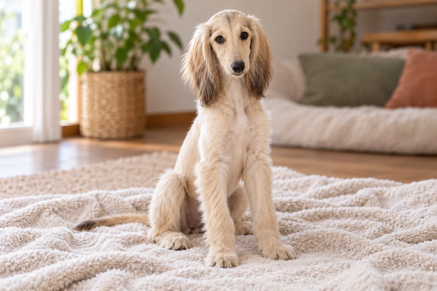 Young cream Afghan Hound with a developing coat and long feathered ears sitting indoors