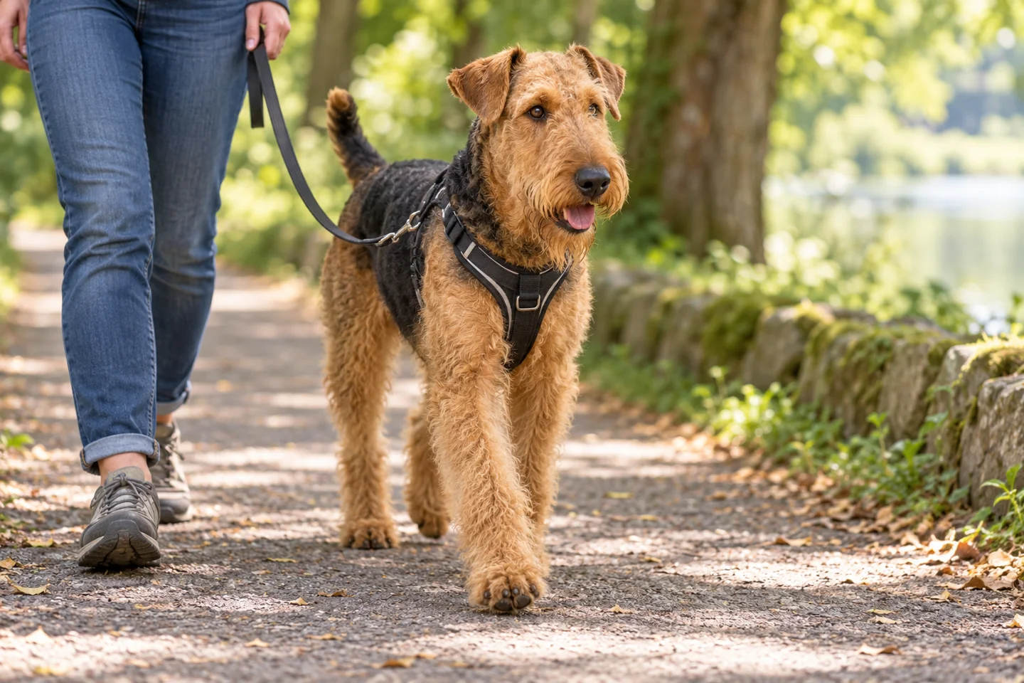 Adult tan and black Airedale Terrier walking in a harness beside a person on a shaded path