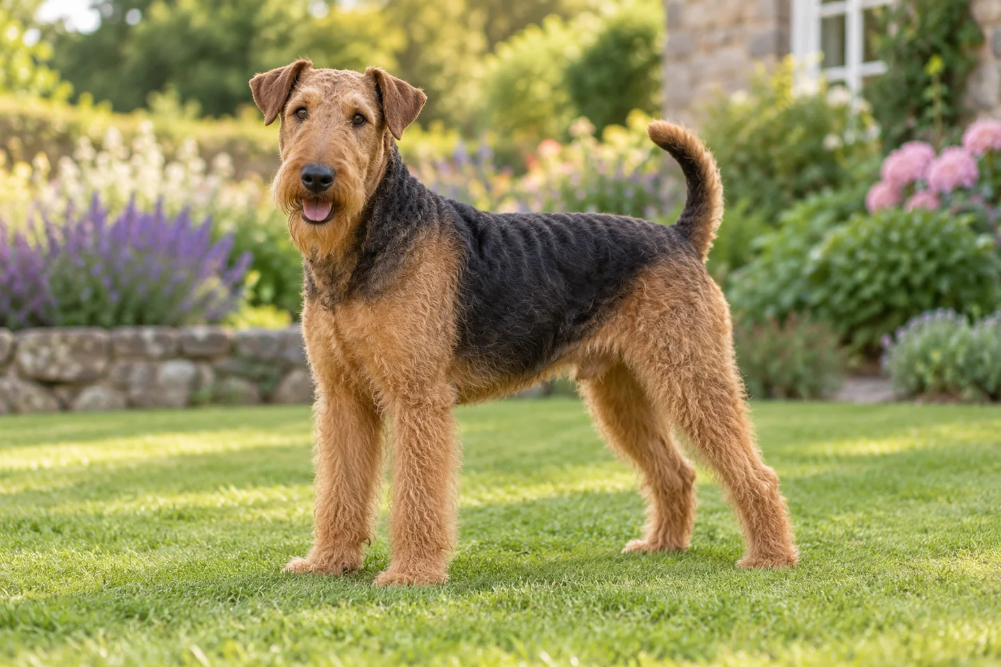 Adult Airedale Terrier with tan head and legs, black saddle, wiry coat, and natural tail on grass