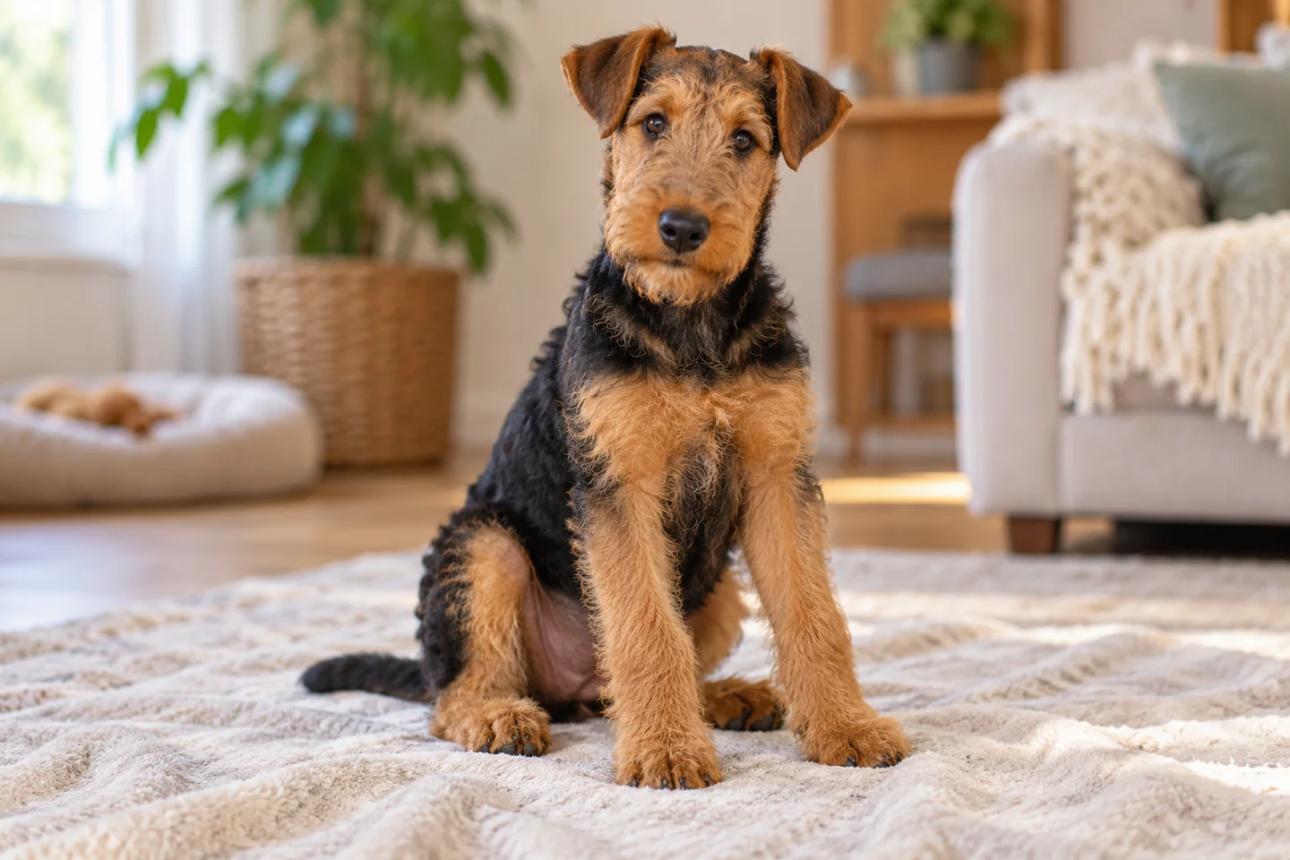 Young Airedale Terrier with tan and black coat and folded ears sitting on a pale blanket