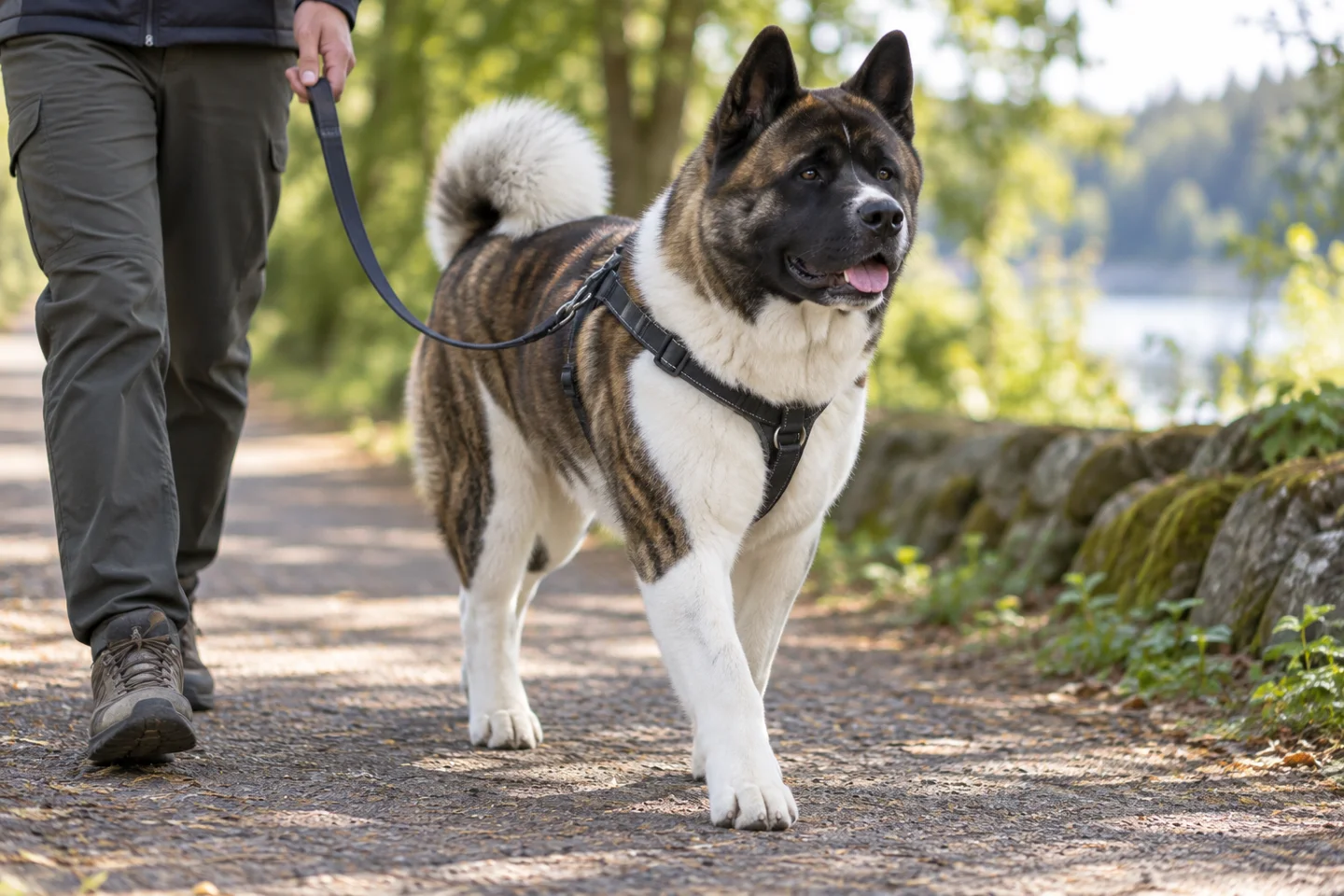 Adult brindle and white American-type Akita walking in a harness beside a person on a shaded path