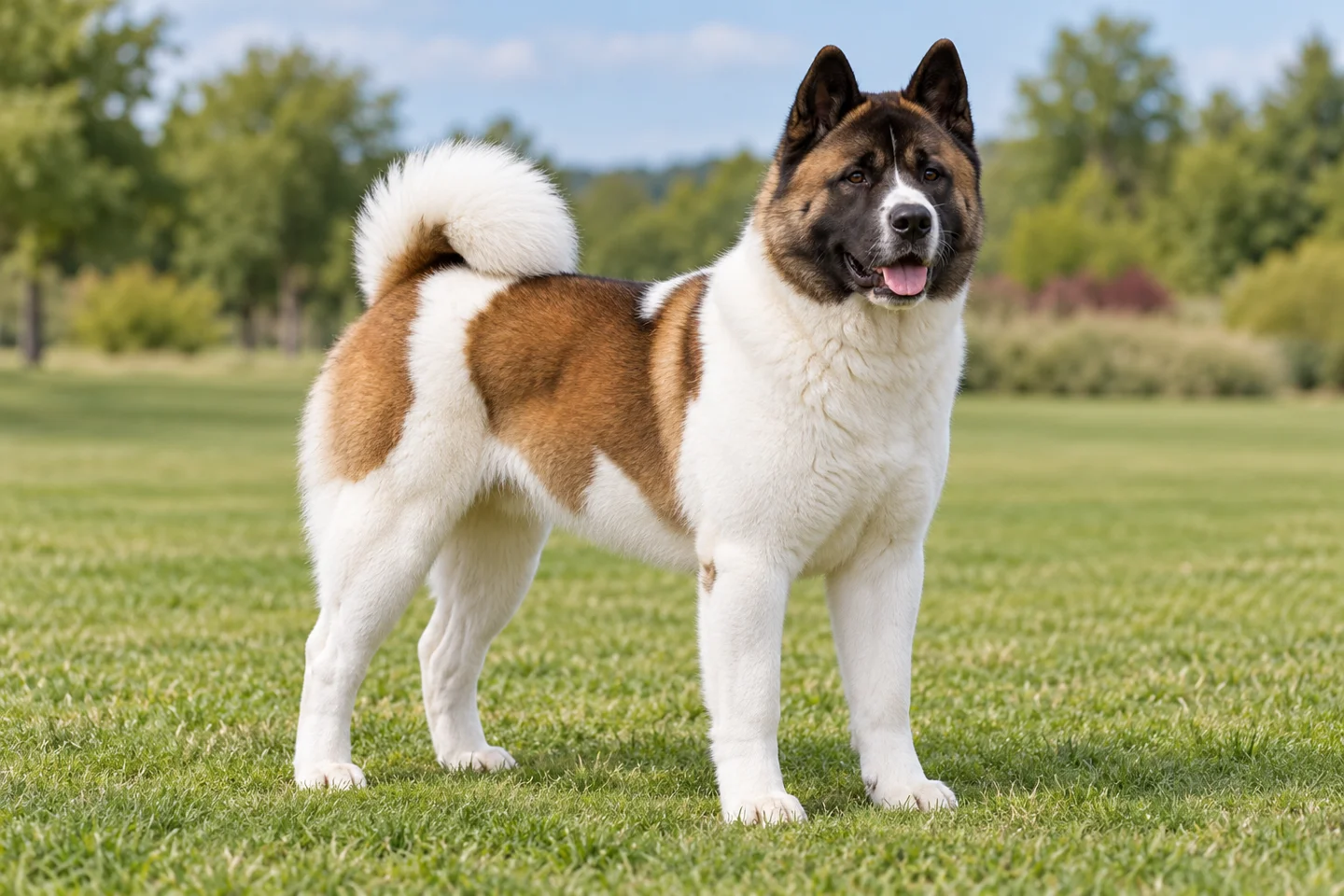Adult pinto American-type Akita with brown and white coat, black mask, erect ears, and curled tail on grass