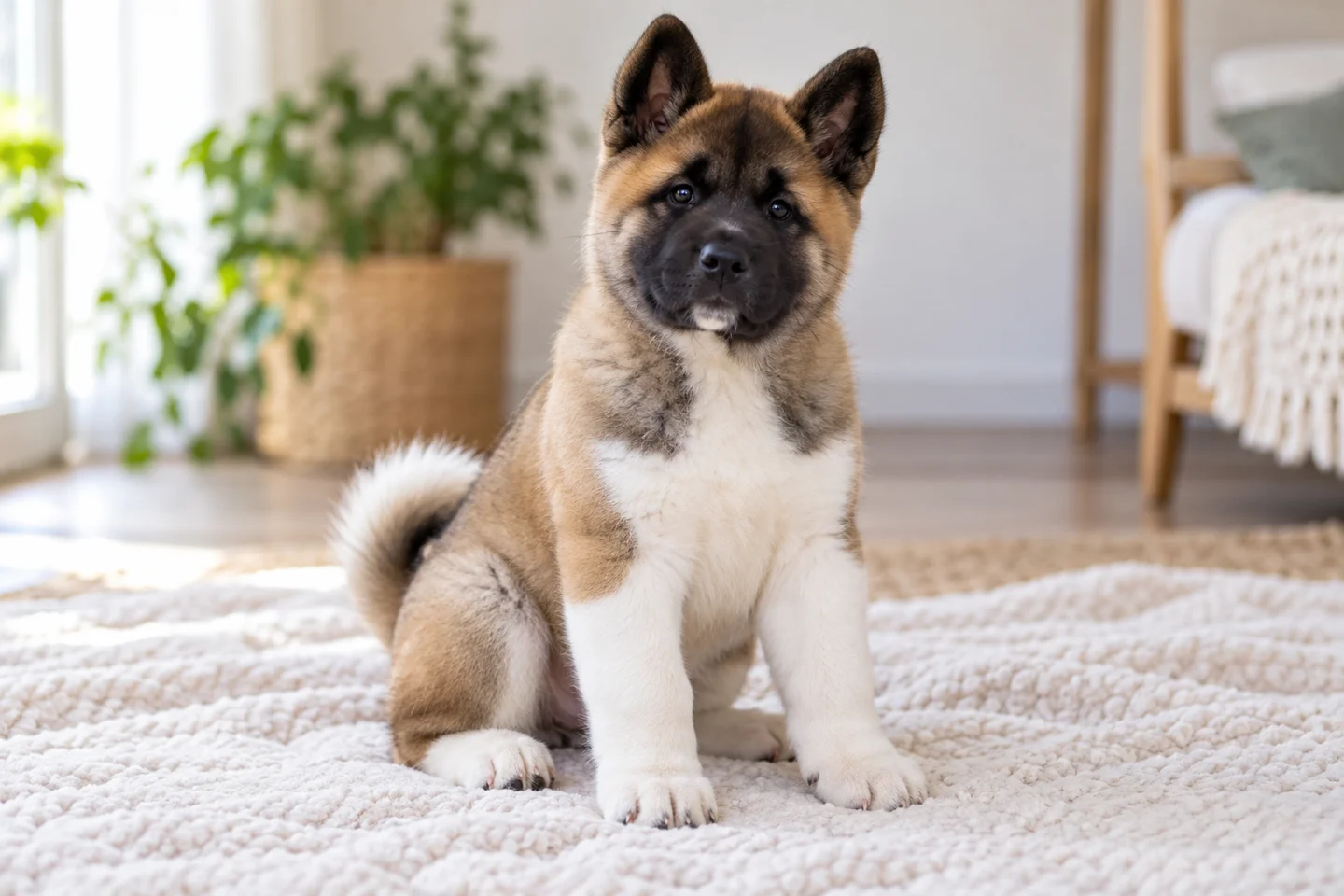 Fawn and white American-type Akita puppy with black mask and substantial paws sitting indoors