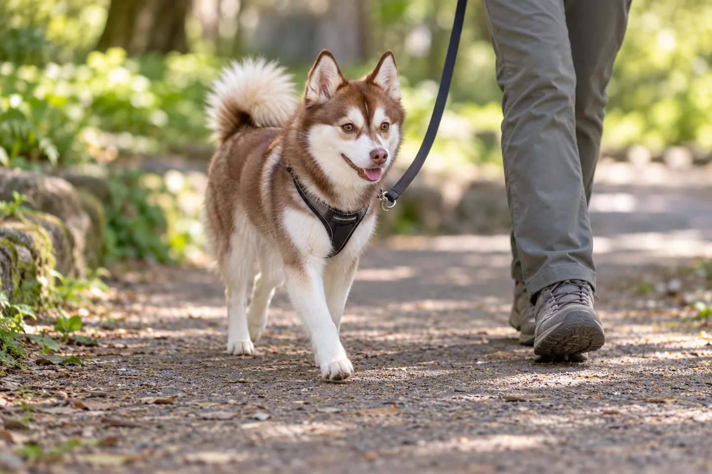 Small red and white Alaskan Klee Kai walking in a harness beside an adult person on a shaded path
