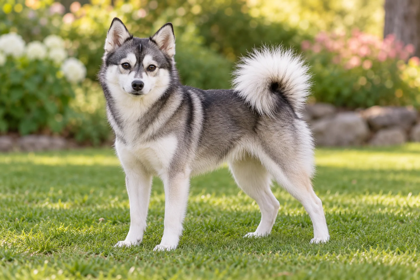 Small grey and white Alaskan Klee Kai with symmetrical mask, erect ears, and curled tail standing on grass