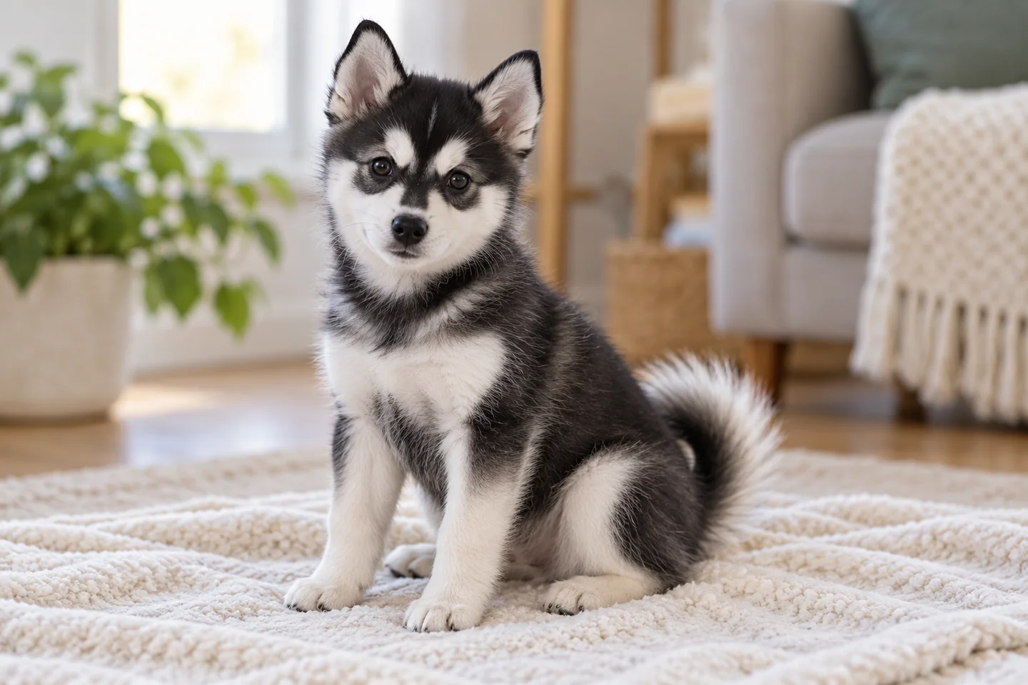 Black and white Alaskan Klee Kai puppy with distinct facial mask sitting on a pale blanket indoors