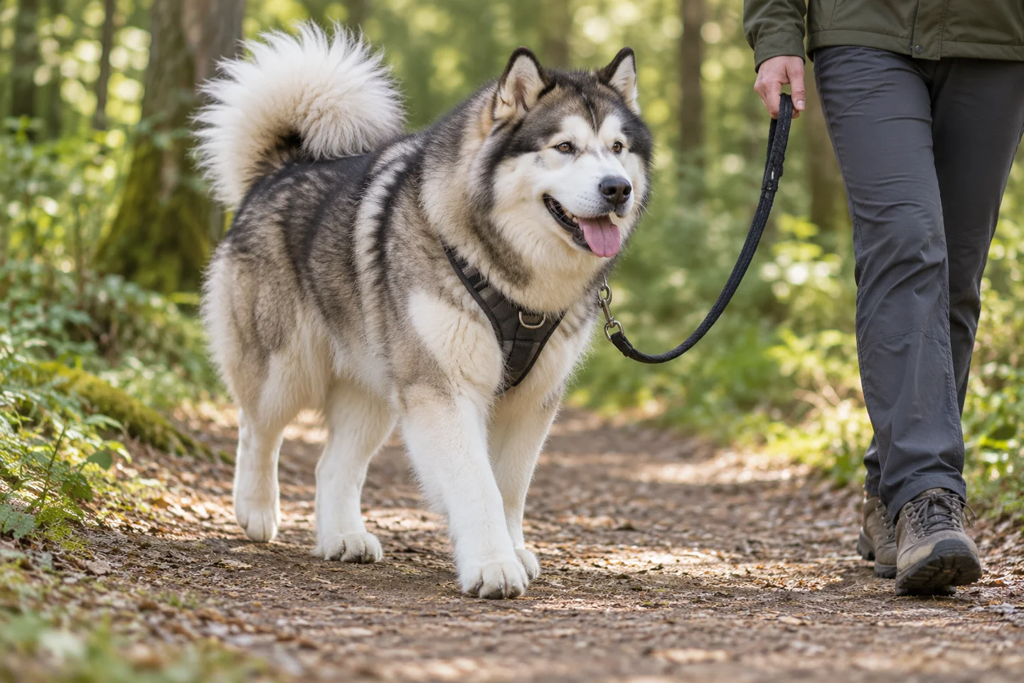 Adult sable grey and white Alaskan Malamute walking in a harness beside a person on a shaded path