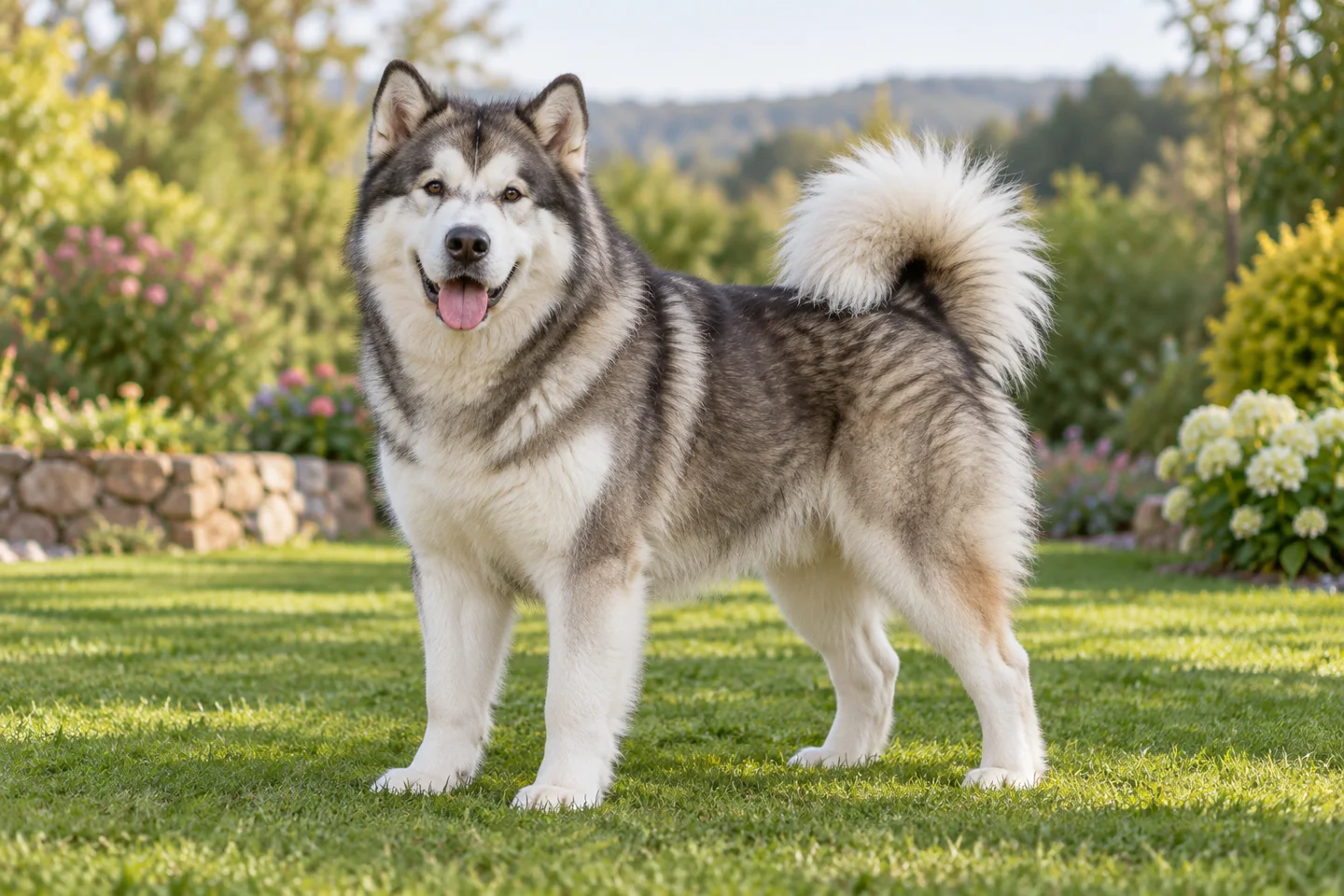 Adult grey and white Alaskan Malamute with broad head, brown eyes, and full curled tail on grass