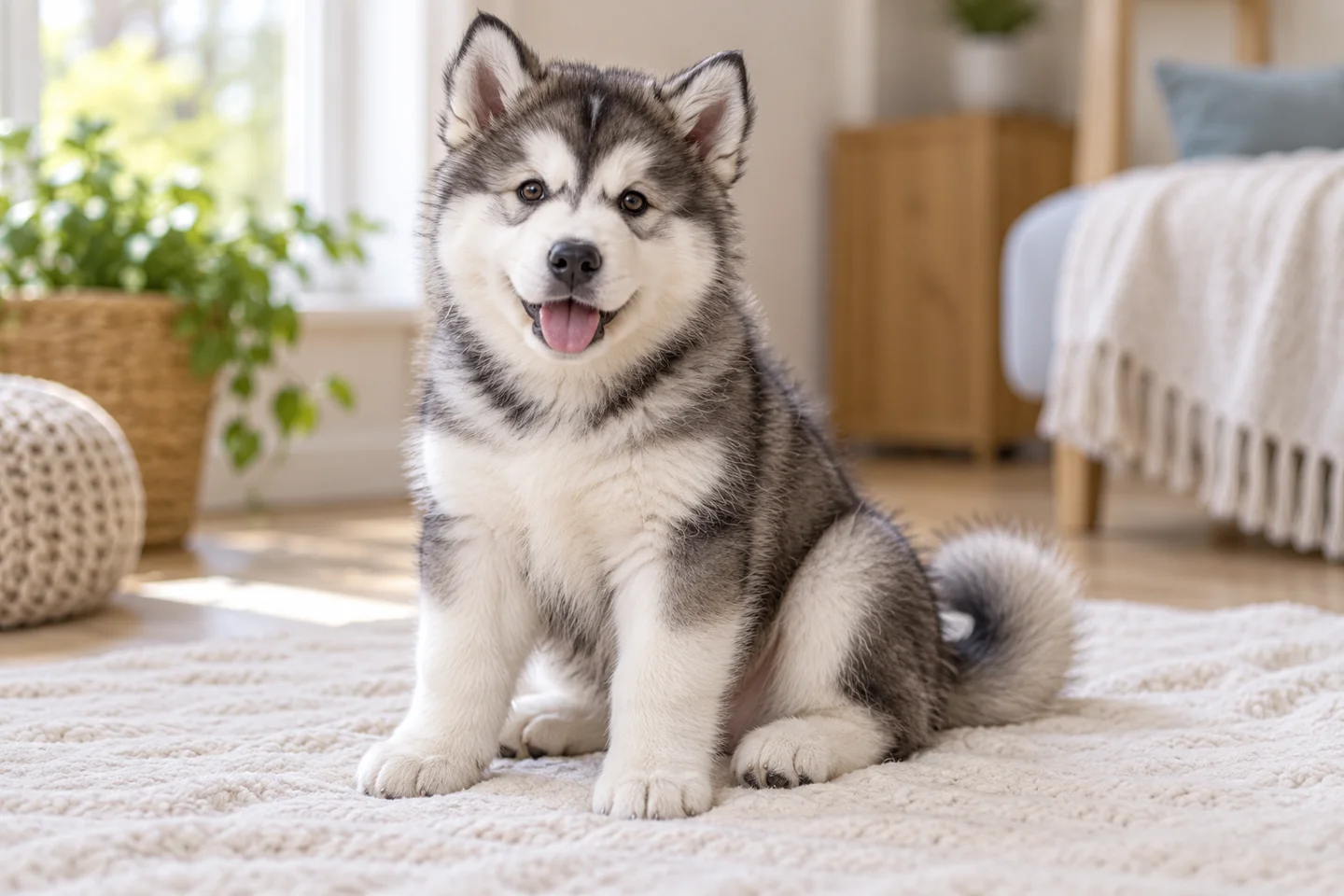 Grey and white Alaskan Malamute puppy with broad head and substantial paws sitting indoors