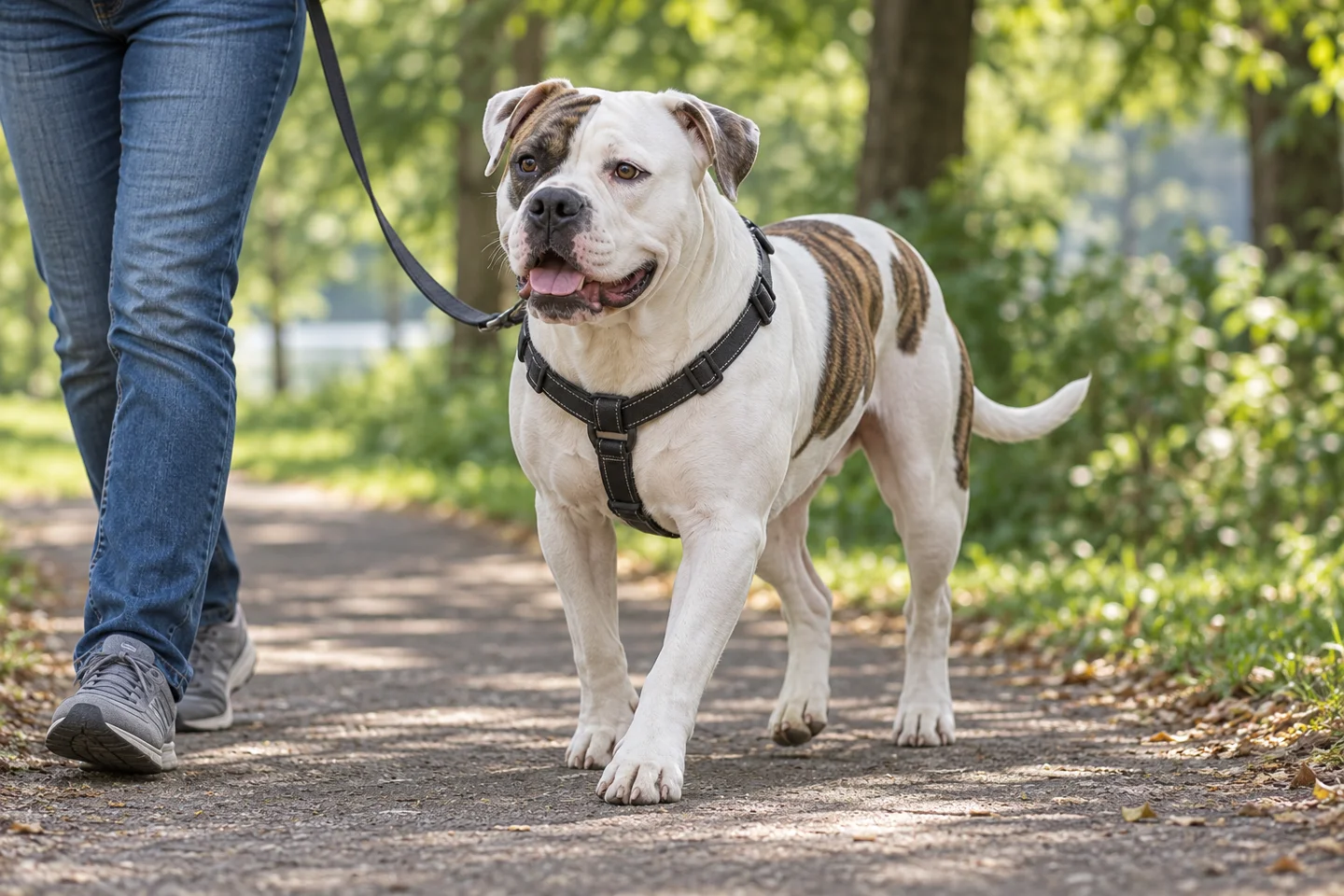 Adult white and brindle American Bulldog walking in a harness beside a person on a shaded path