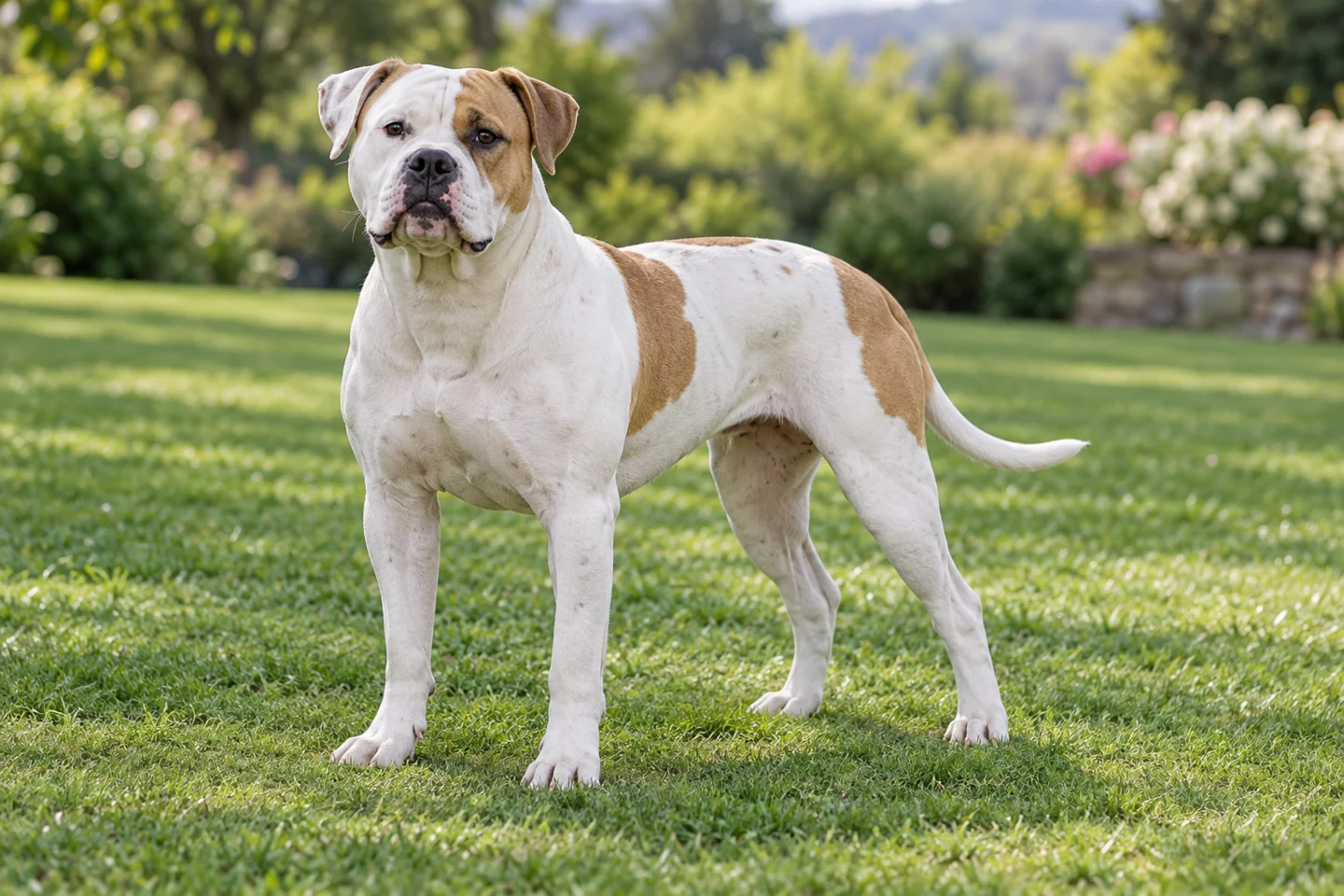 Athletic white American Bulldog with tan patches, natural folded ears, and a long tail standing on grass