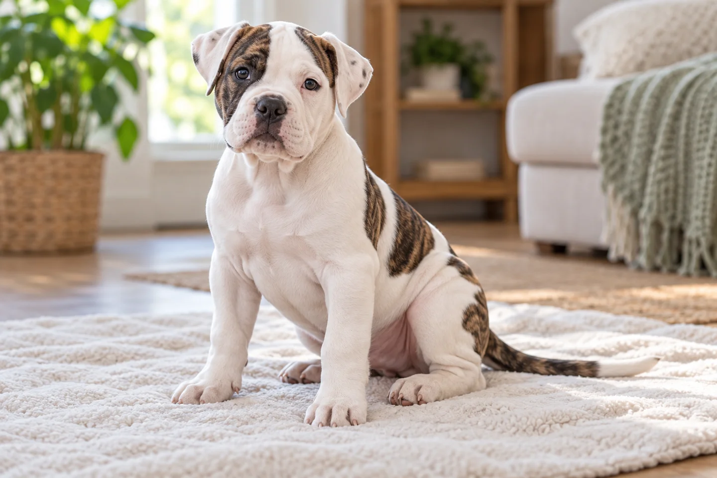 White American Bulldog puppy with brindle patches and natural folded ears sitting on a pale blanket