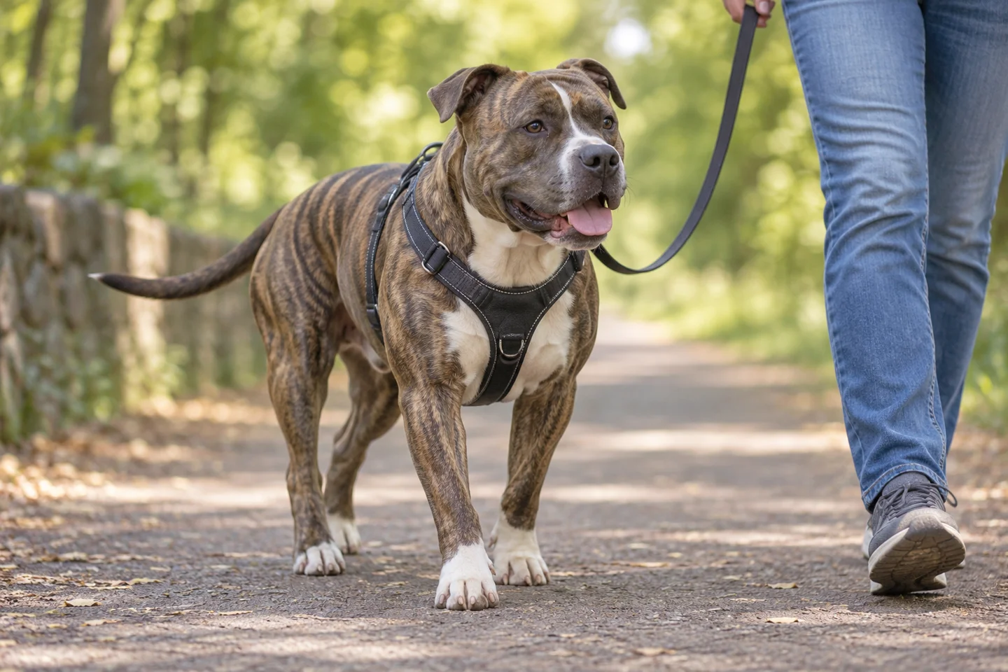 Adult brindle American Bully with white chest walking in a harness beside a person on a shaded path