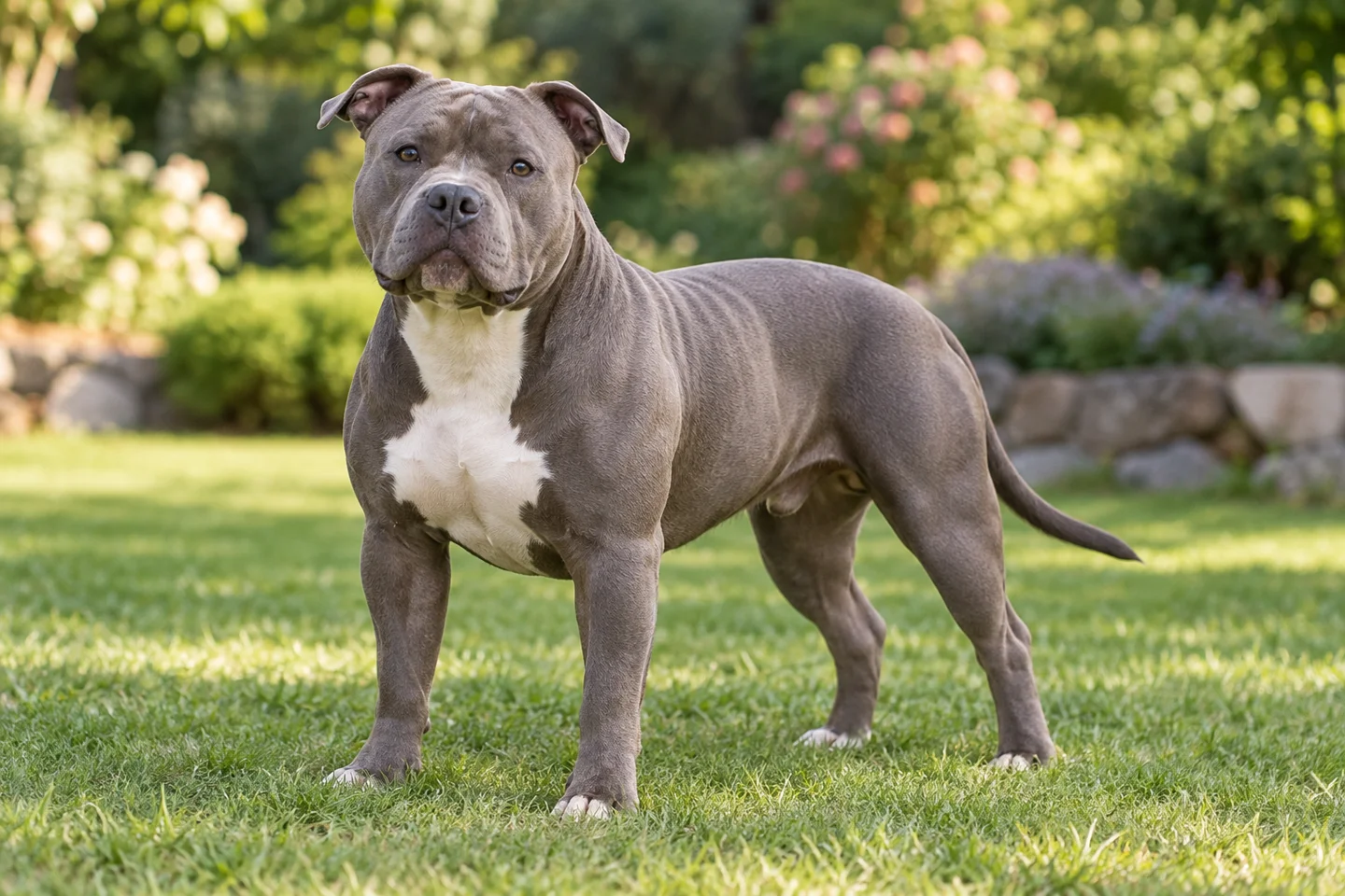 Adult blue-grey Standard American Bully with white chest, natural ears, long tail, and balanced muscular build on grass