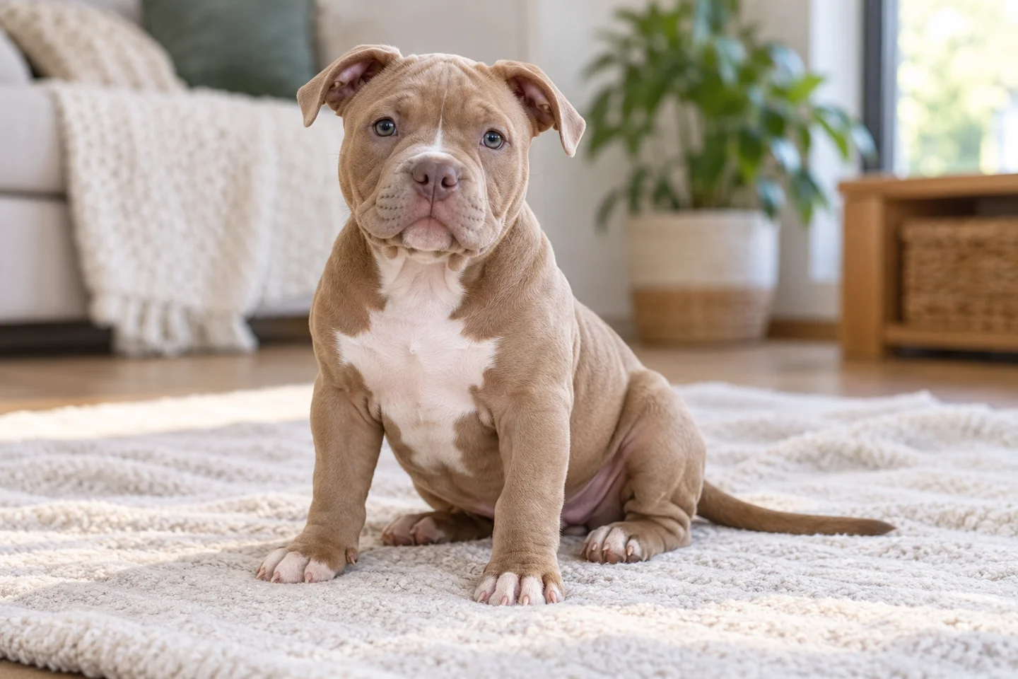 Fawn American Bully puppy with white chest, natural folded ears, and a long tail sitting indoors