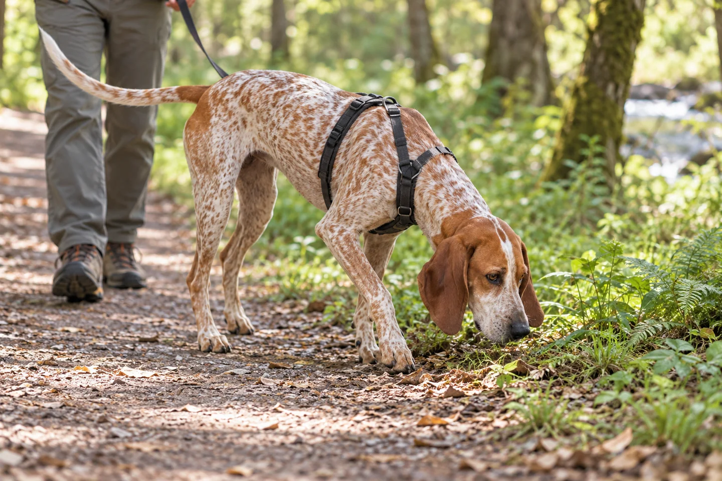 Adult redtick American English Coonhound sniffing beside a woodland path while wearing a harness and lead