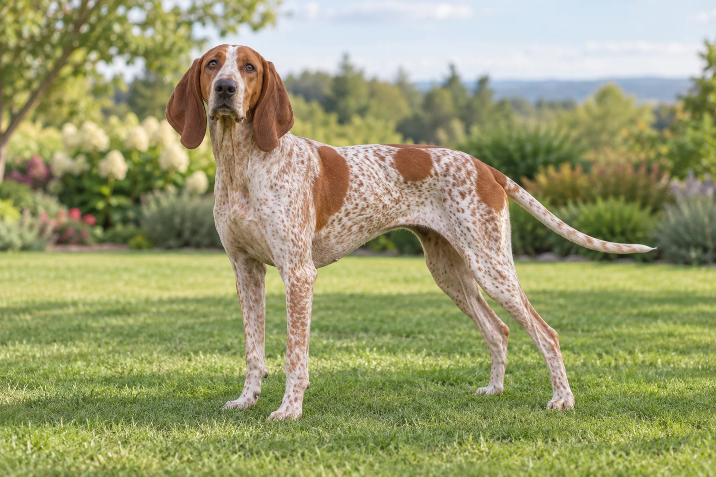 Adult redtick American English Coonhound with reddish ticking, long ears, and lean athletic build on grass
