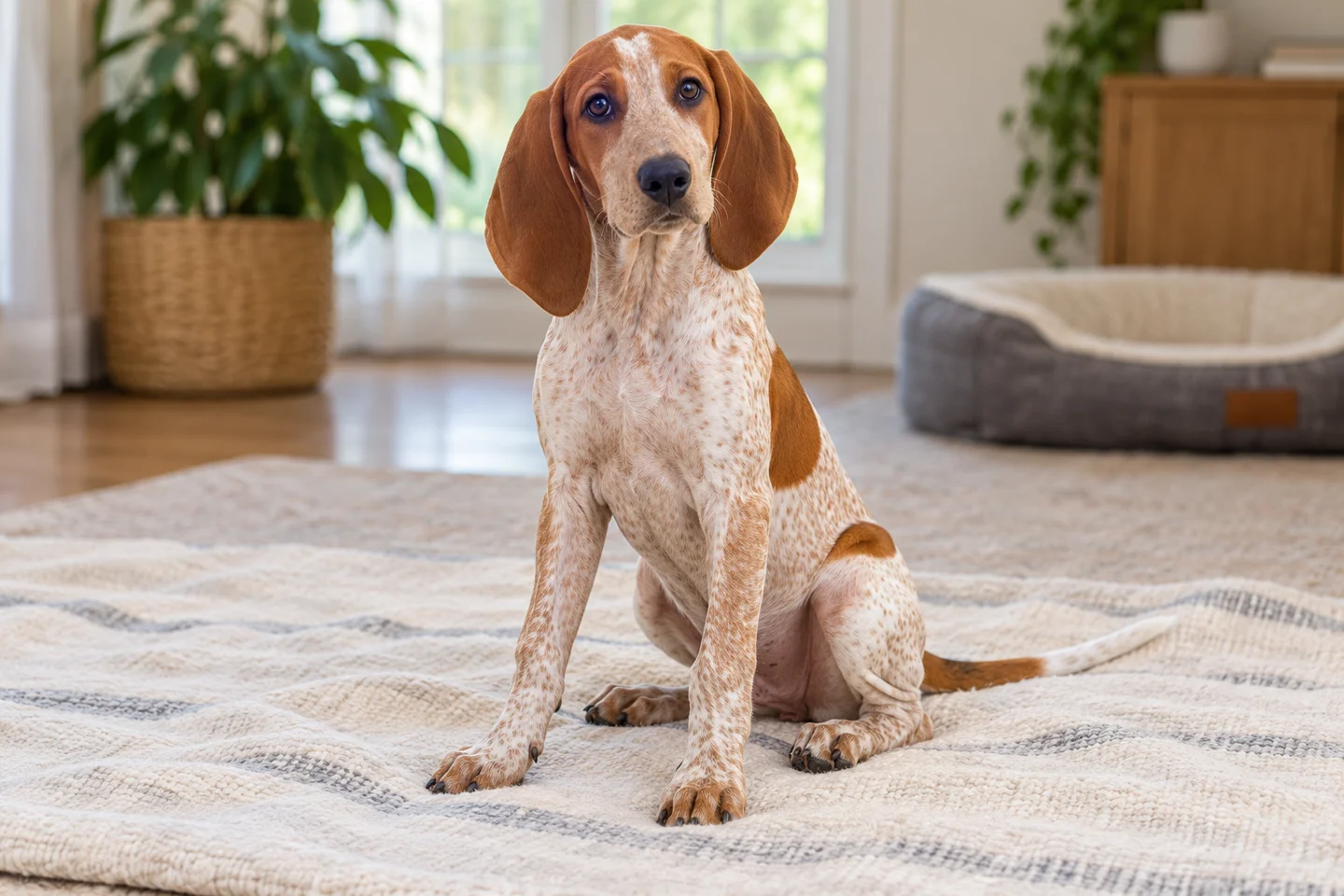 Redtick American English Coonhound puppy with floppy ears and reddish patches sitting indoors