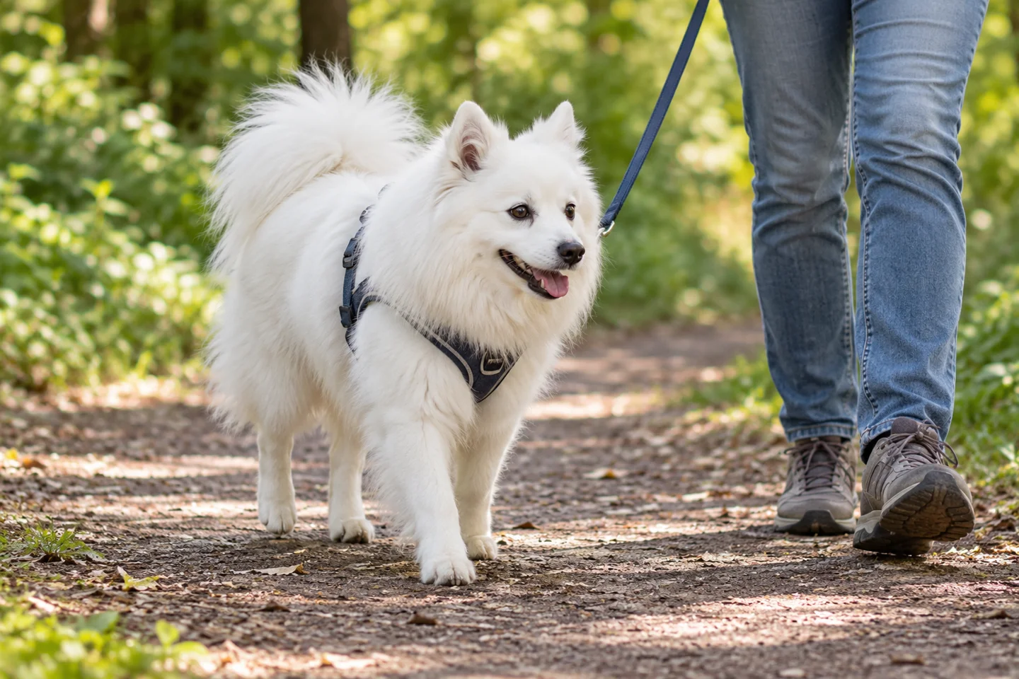 White American Eskimo Dog wearing a harness and walking beside an adult on a shaded path