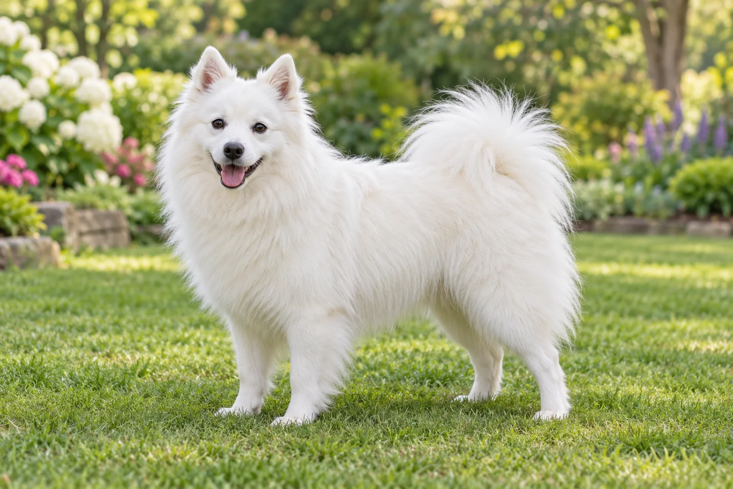 Adult white American Eskimo Dog with dark eyes, erect ears, full double coat, and curled tail standing on grass