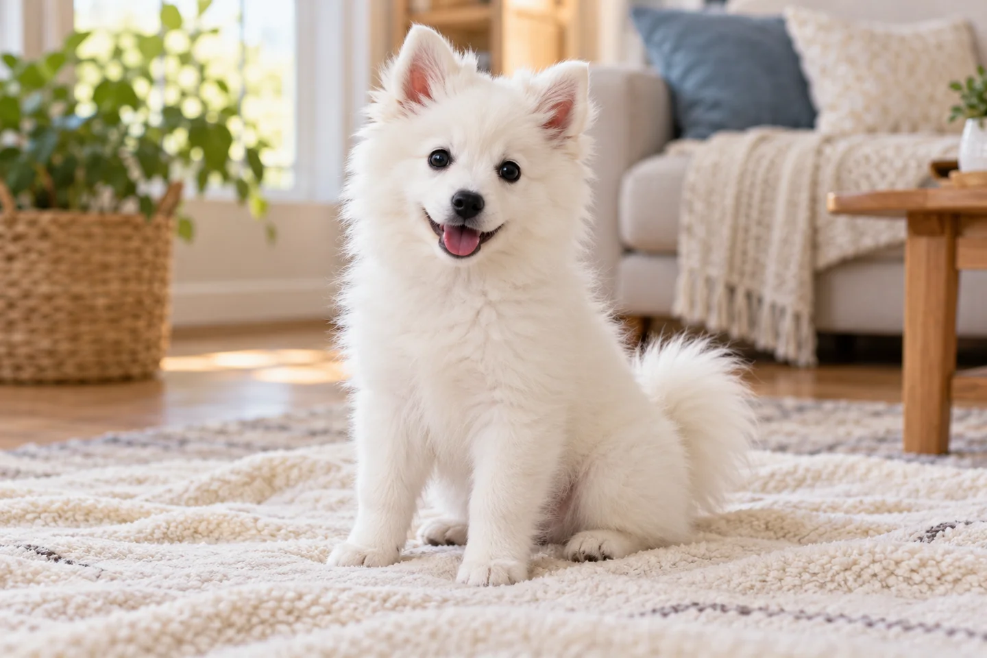 White American Eskimo Dog puppy with erect ears sitting on a pale blanket in a living room