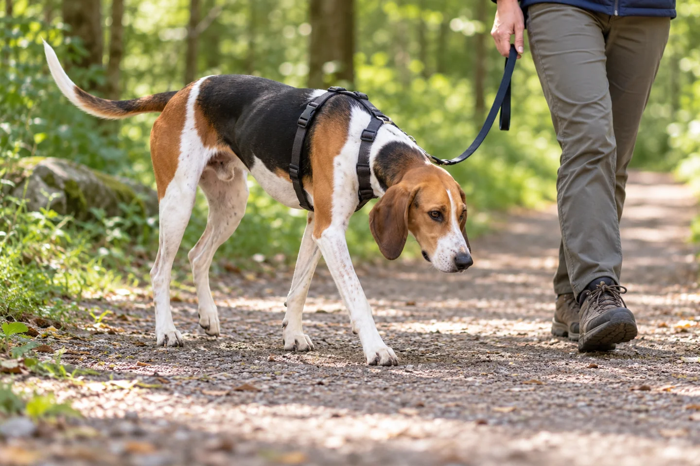 Tricolor American Foxhound sniffing a shaded path while walking in a harness beside an adult