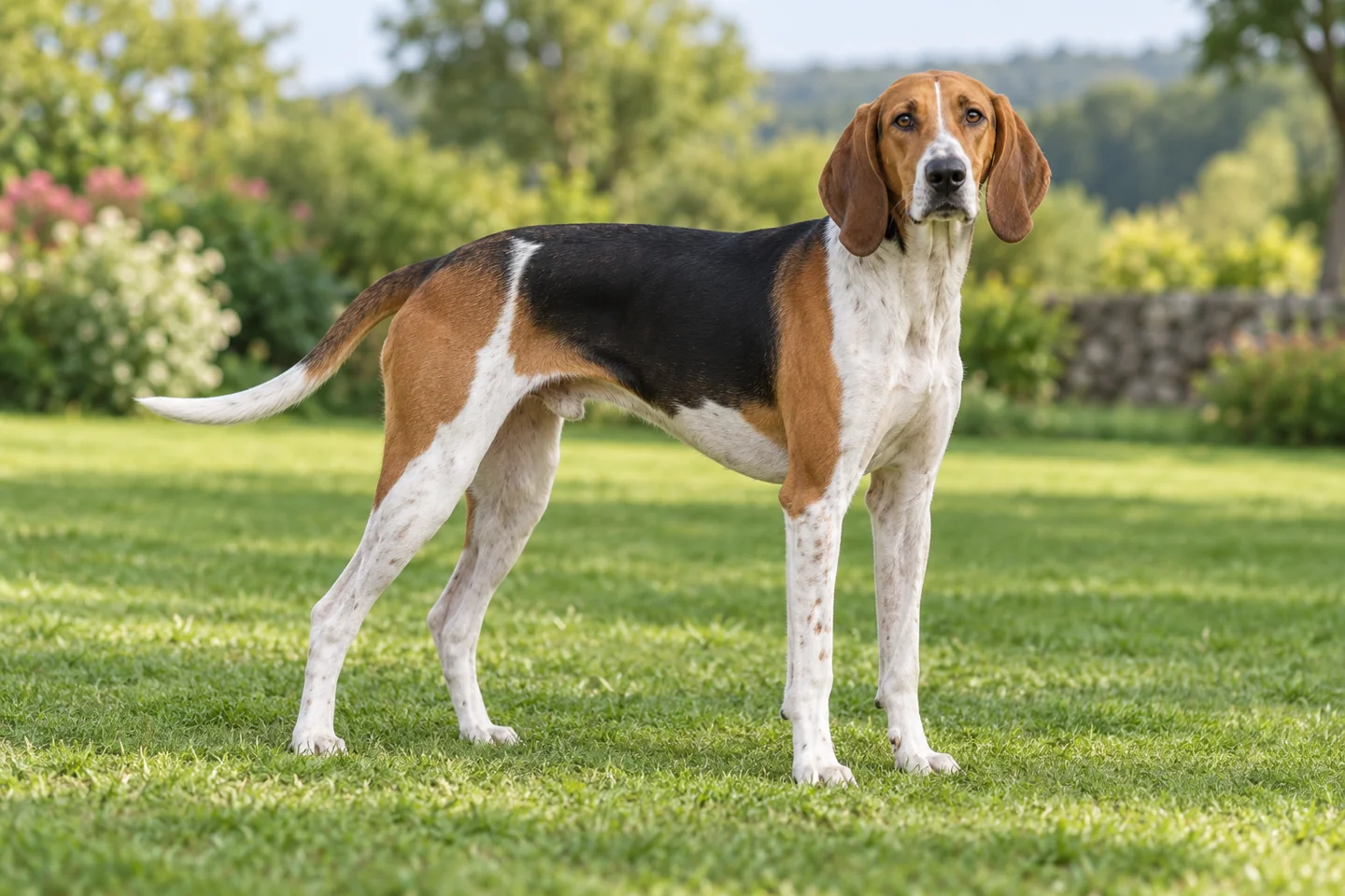 Lean tricolor American Foxhound with long legs, dropped ears, and long tail standing on grass