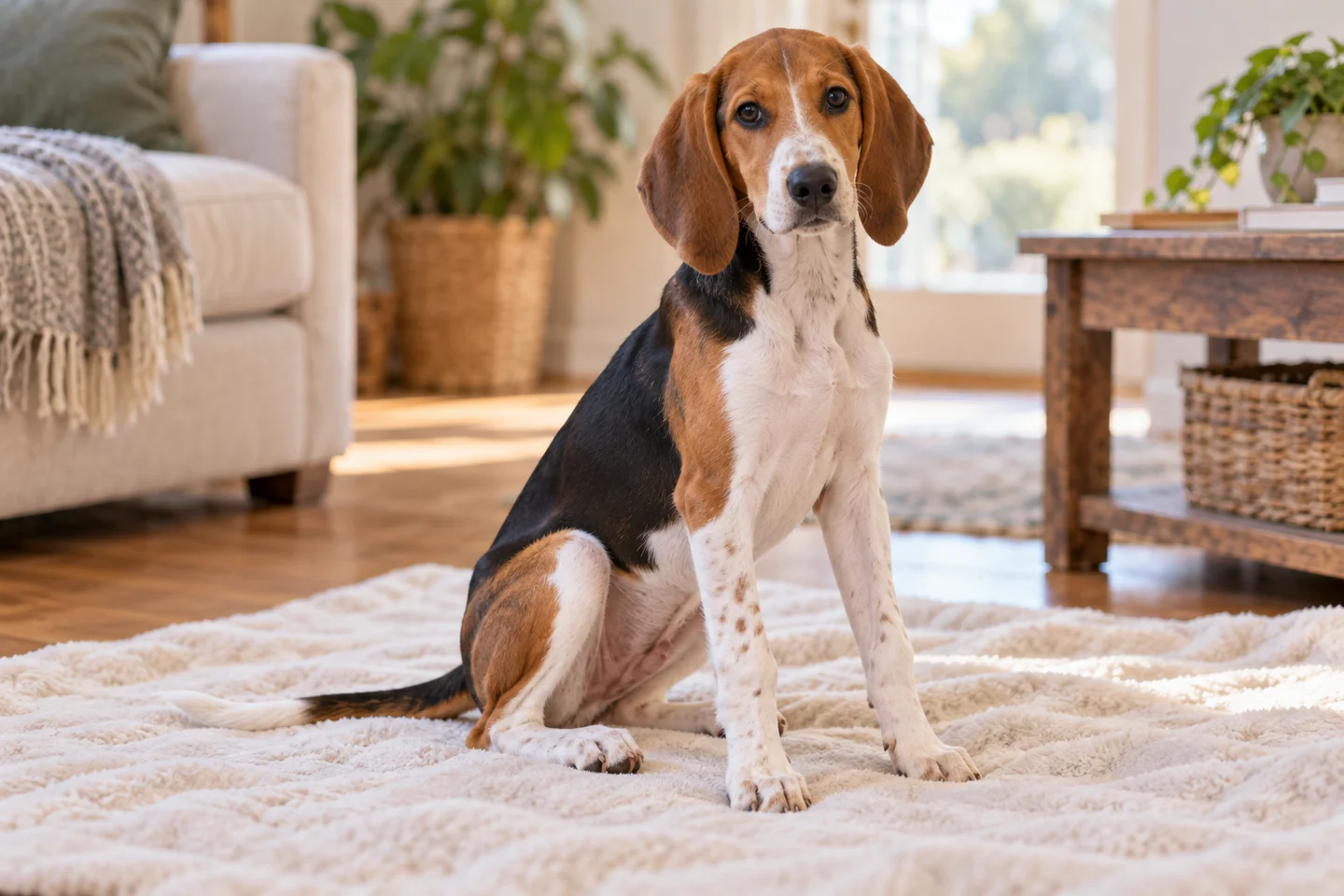 Tricolor American Foxhound puppy with long floppy ears sitting on a blanket indoors