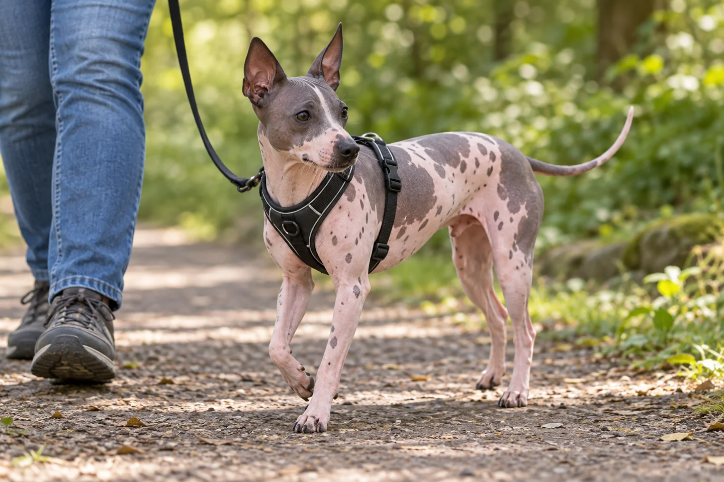 American Hairless Terrier with patterned exposed skin walking in a fitted harness beside an adult in shade