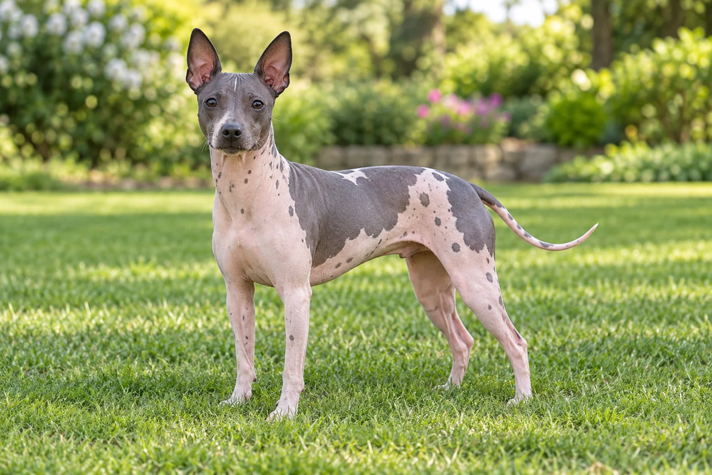 Hairless American Hairless Terrier with pink and gray skin patches, erect ears, and natural tail on grass