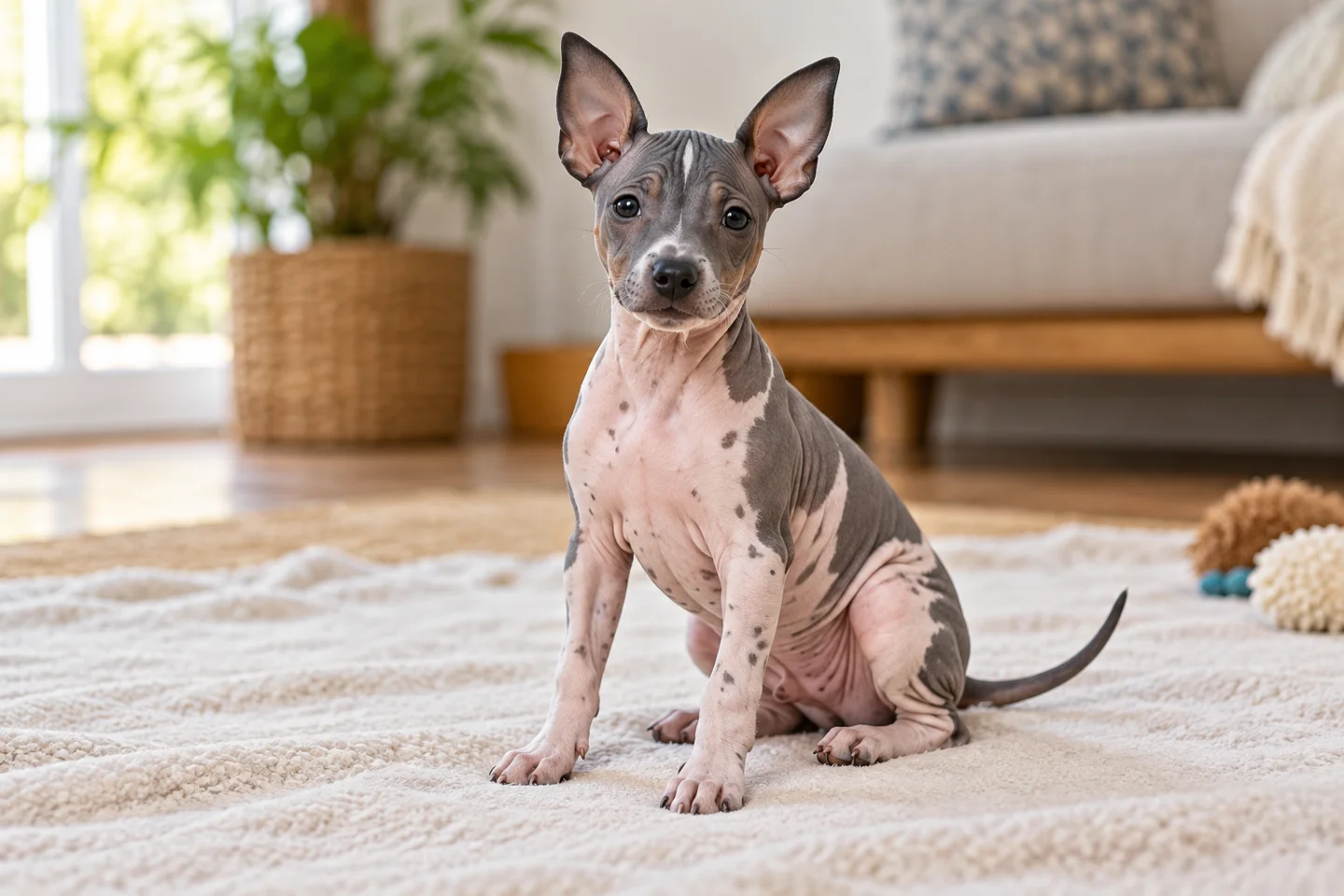American Hairless Terrier puppy with pink and gray patterned skin and erect ears sitting on a blanket