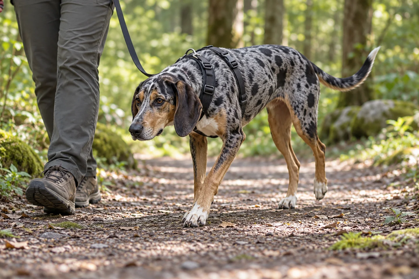 Blue-gray merle American Leopard Hound sniffing beside an adult on a shaded path in a harness
