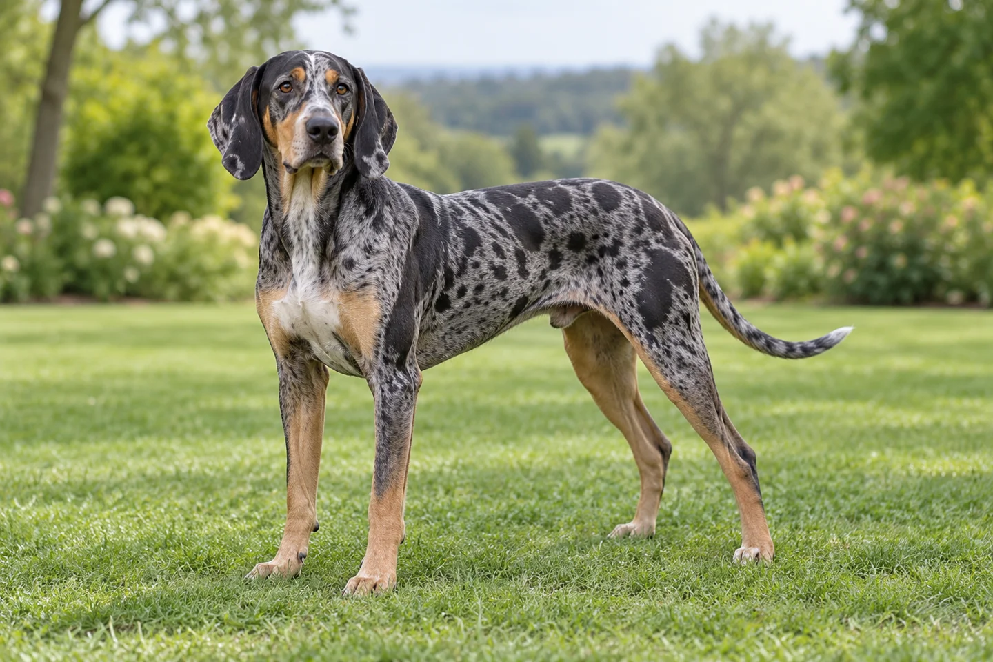 Blue-gray merle American Leopard Hound with tan points, dropped ears, and long tail standing on grass