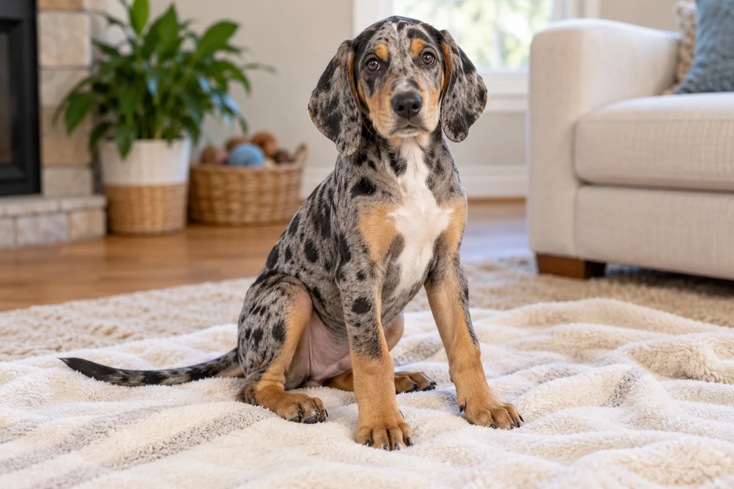 American Leopard Hound puppy with blue-gray merle coat and tan points sitting on a blanket