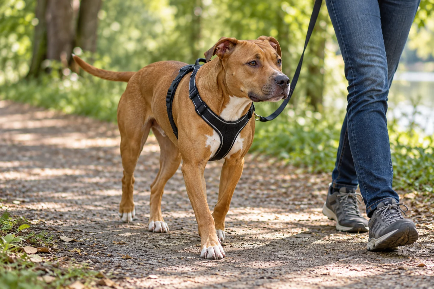 Red-fawn American Pit Bull Terrier walking in a harness beside an adult on a shaded path