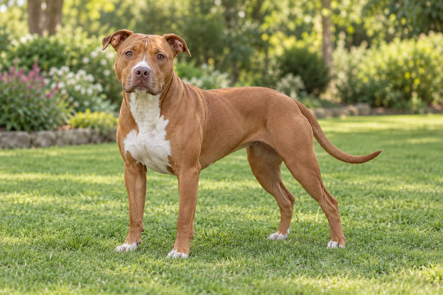 Athletic red-fawn American Pit Bull Terrier with white chest, natural rose ears, and long tail on grass