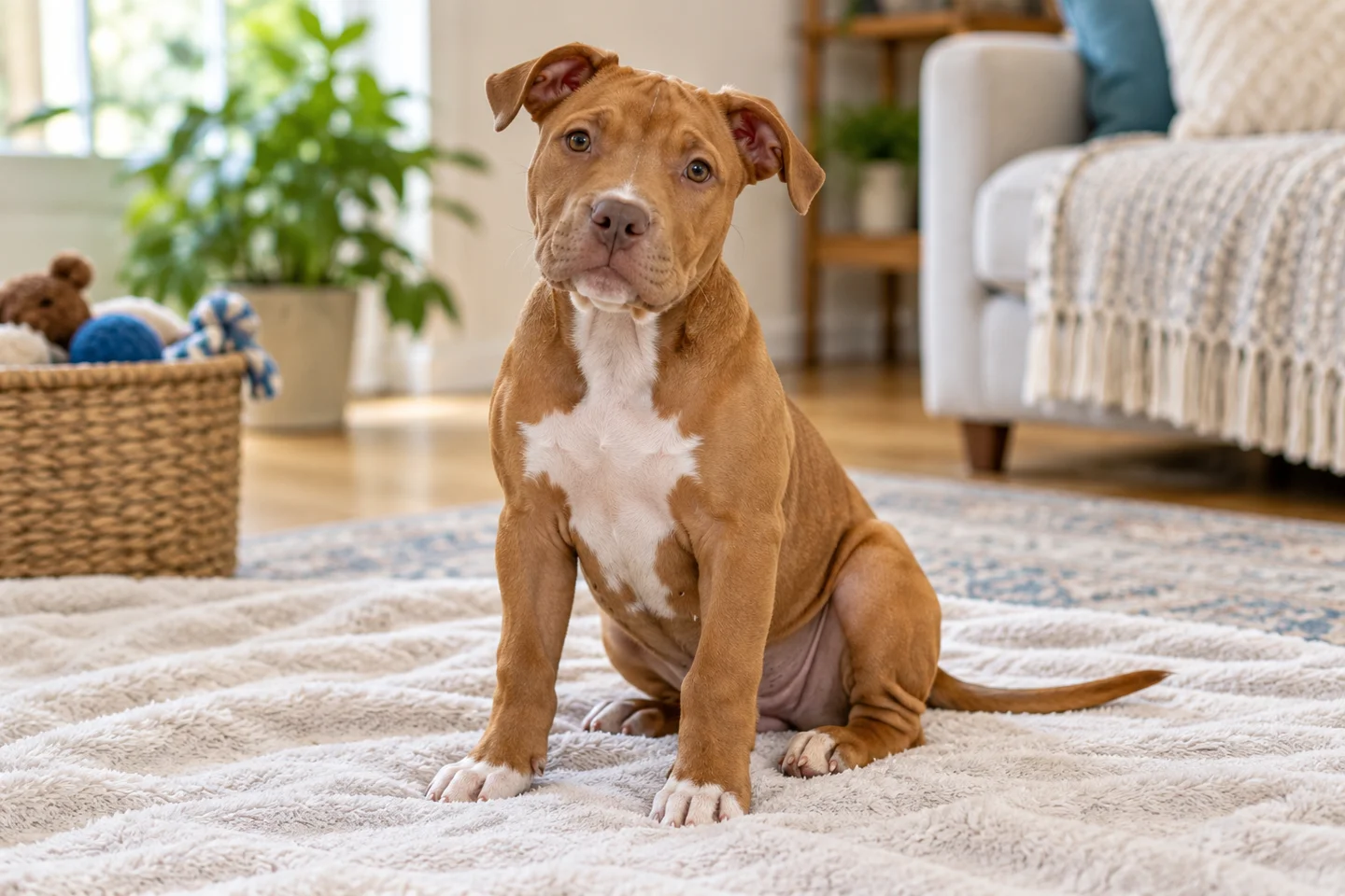 Red-fawn American Pit Bull Terrier puppy with white chest and natural ears sitting on a blanket