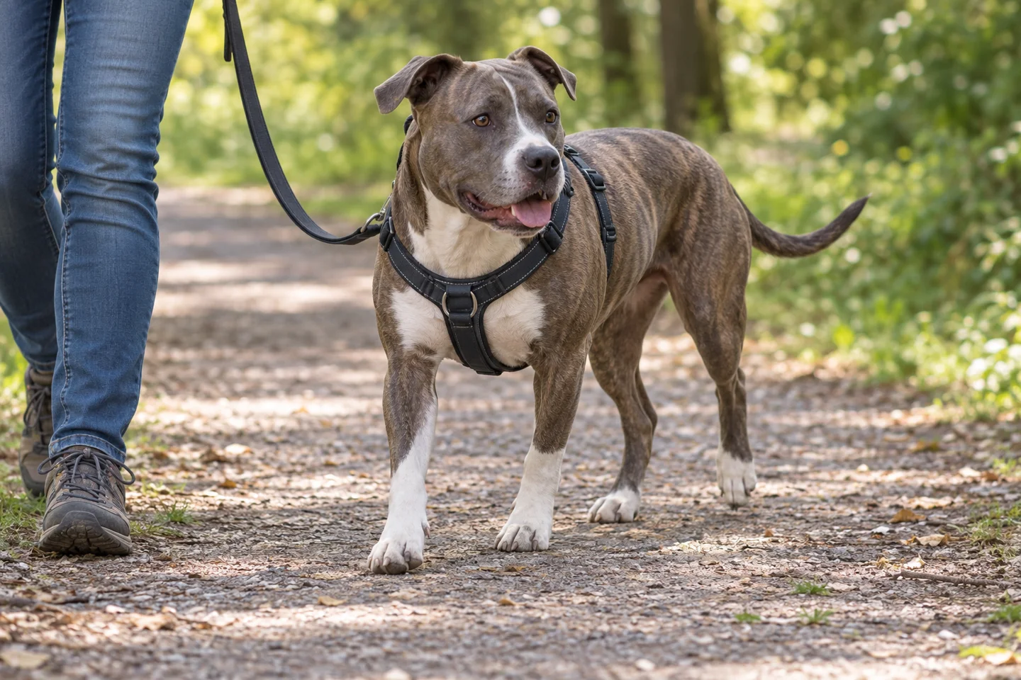 American Staffordshire Terrier with brindle coat walking beside an adult in a harness on a shaded path