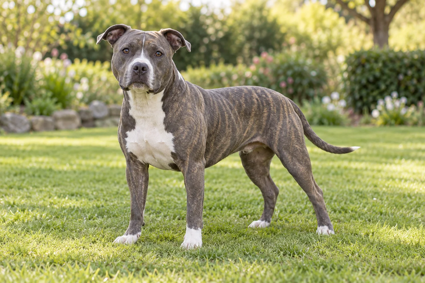 Blue-brindle American Staffordshire Terrier with white chest, natural ears, and long tail standing on grass