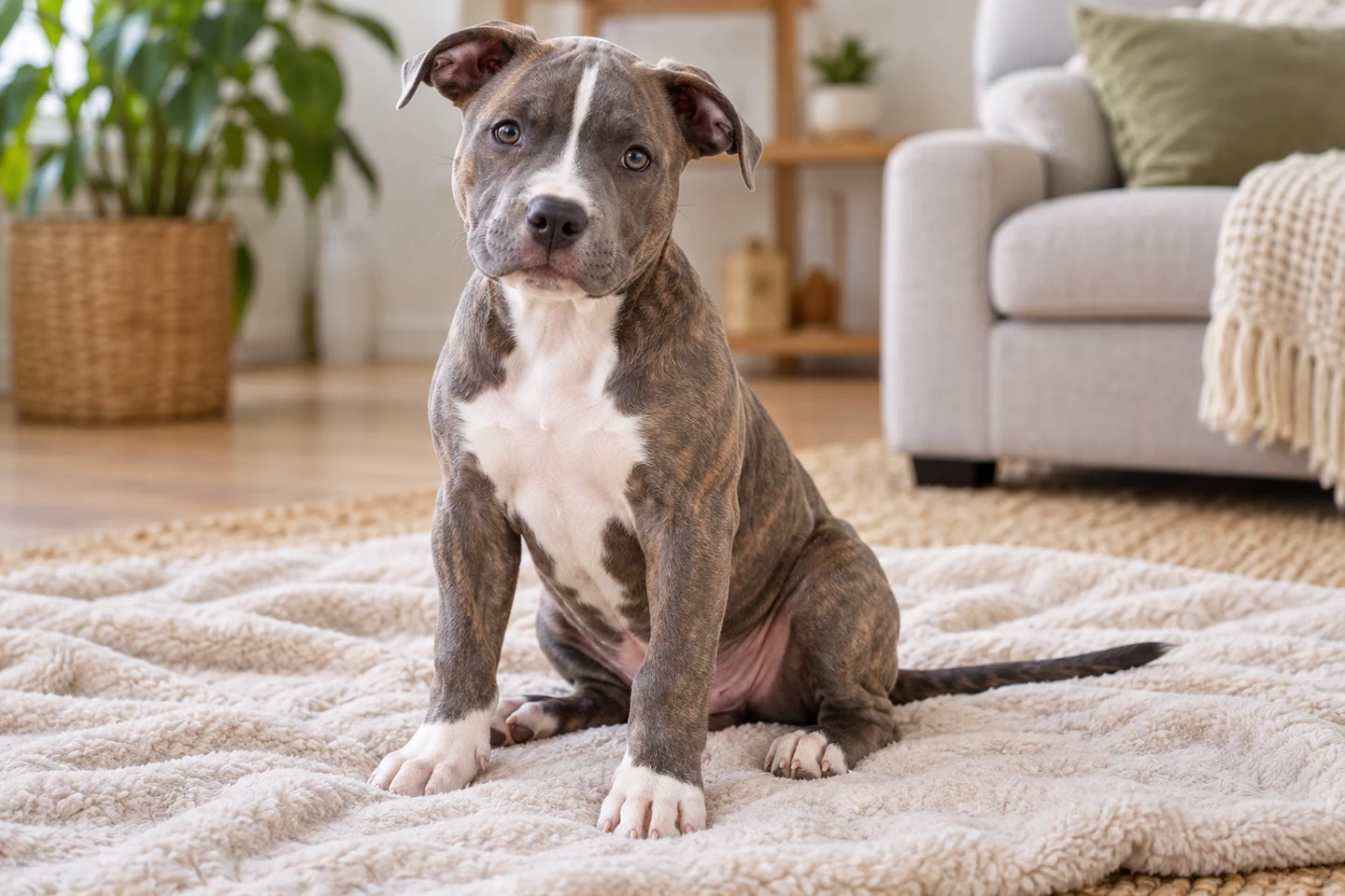 Blue-brindle American Staffordshire Terrier puppy with white chest and natural ears sitting indoors