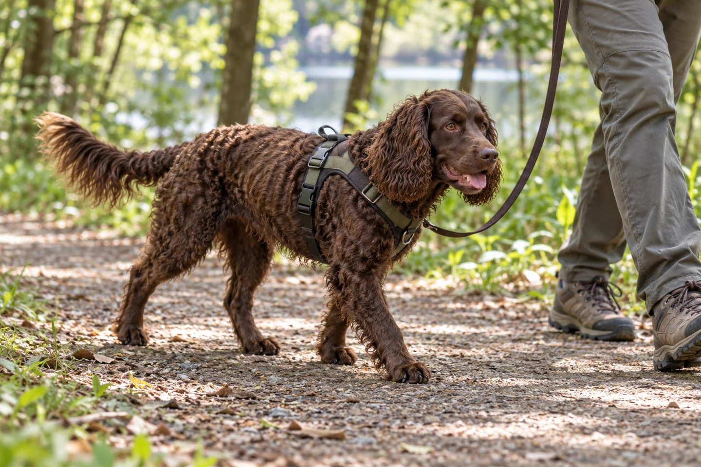 Brown American Water Spaniel wearing a harness and walking beside an adult on a shaded path