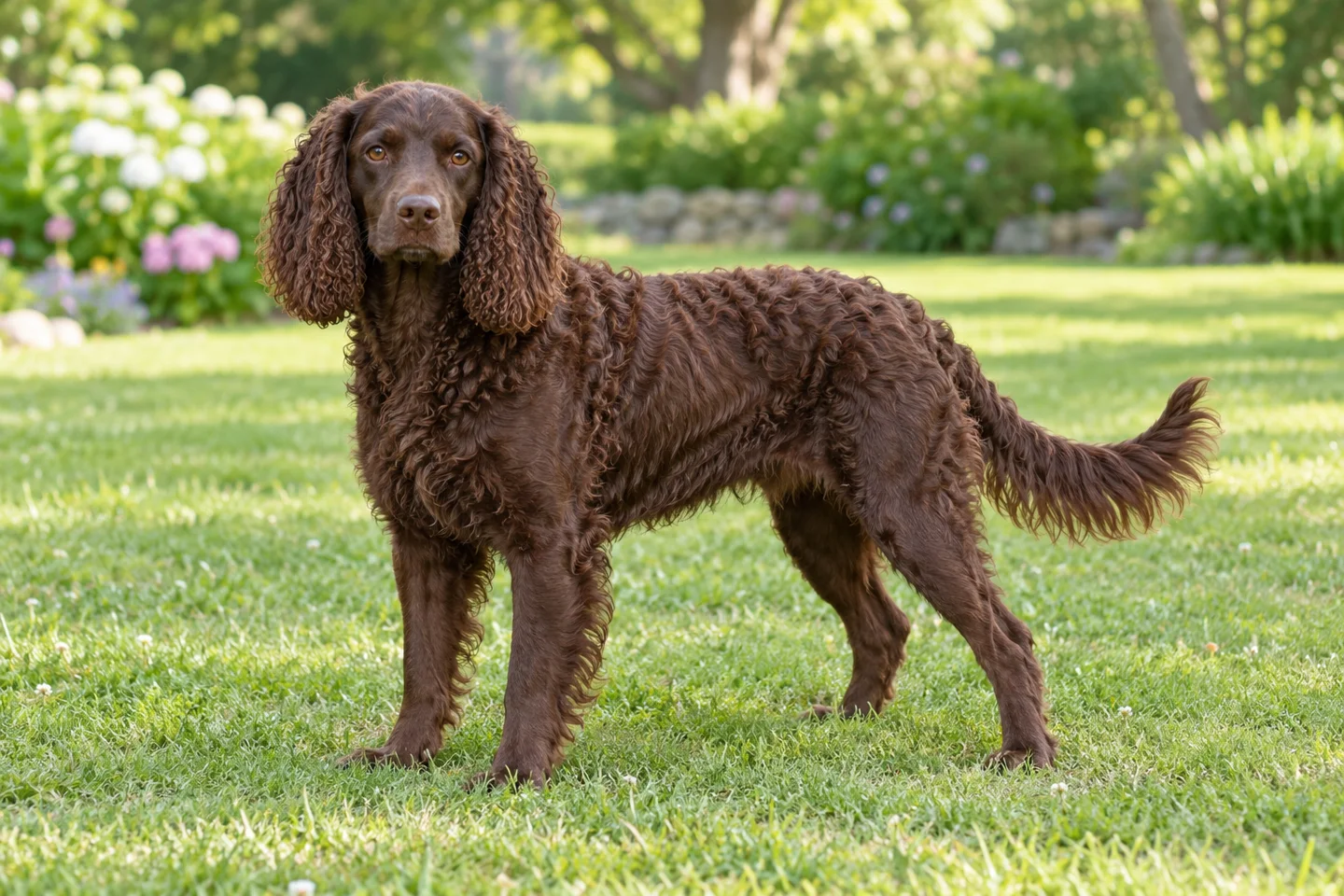 Liver-brown American Water Spaniel with curly coat, long dropped ears, and feathered natural tail on grass