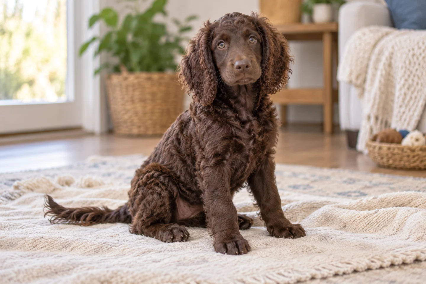 Brown American Water Spaniel puppy with curly coat and long dropped ears sitting on a blanket