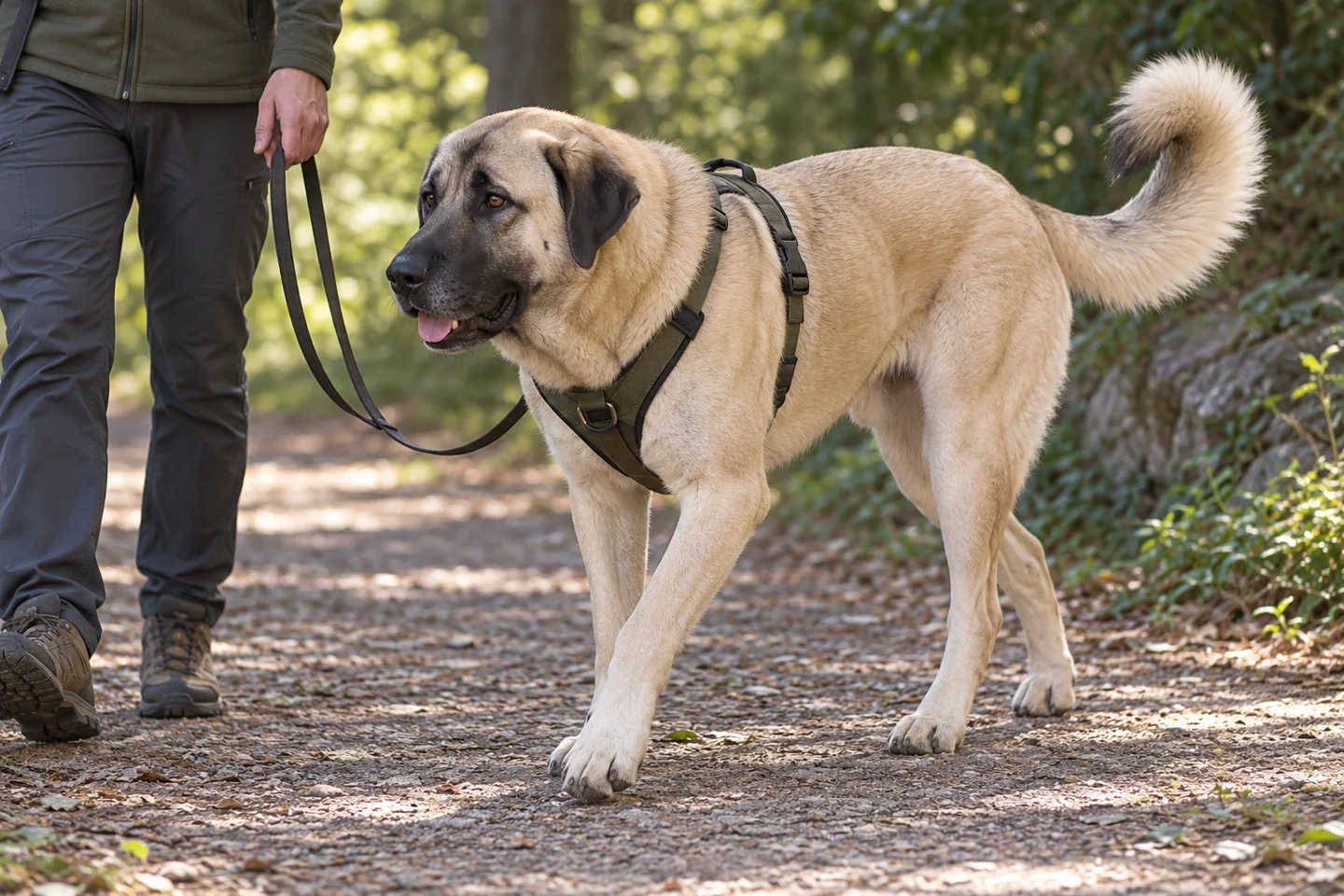 Fawn Anatolian Shepherd Dog with black mask walking in a harness beside an adult on a shaded path