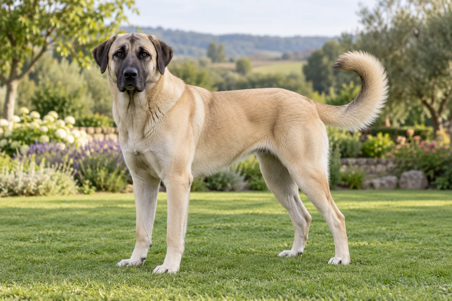 Large fawn Anatolian Shepherd Dog with black mask, dropped ears, and curved natural tail standing on grass